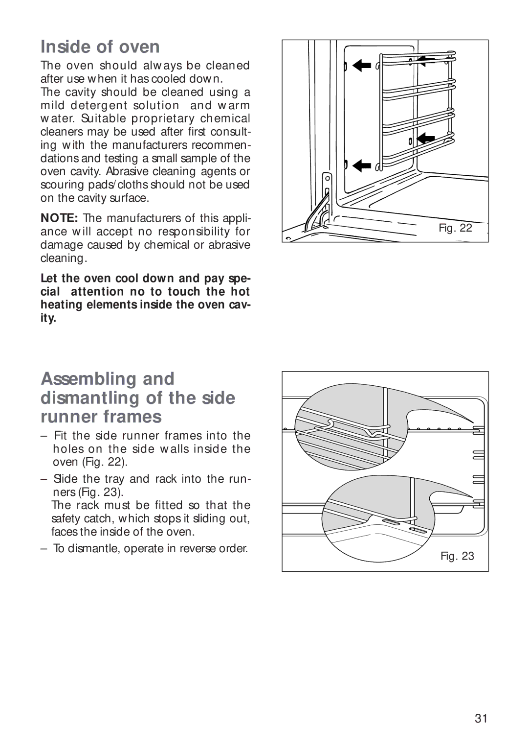 CDA RV 1000, RV 900 manual Inside of oven, Assembling and dismantling of the side runner frames 