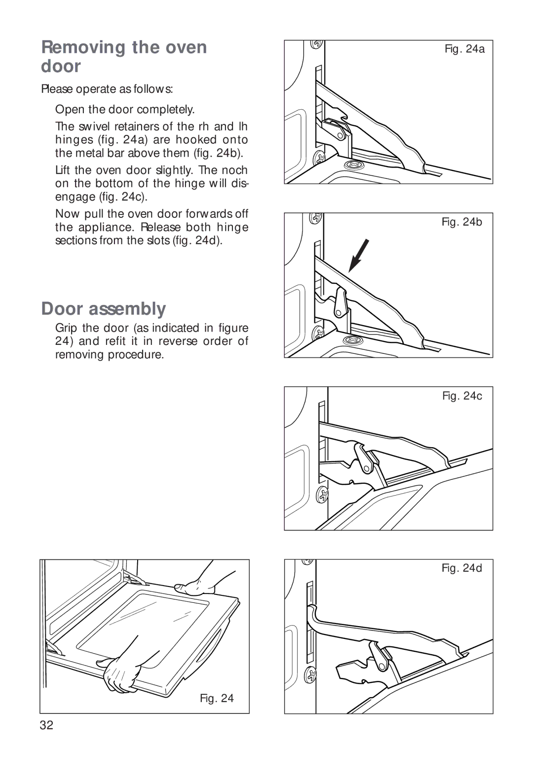 CDA RV 900, RV 1000 manual Removing the oven door, Door assembly 