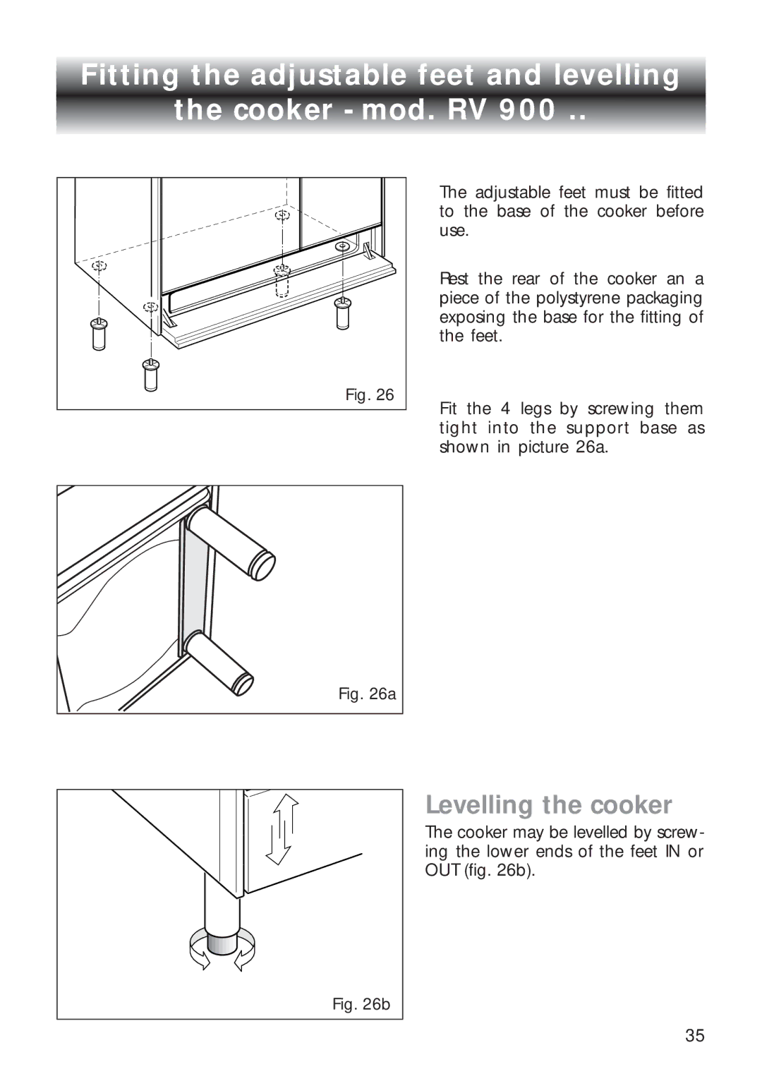 CDA RV 1000, RV 900 manual Fitting the adjustable feet and levelling Cooker mod. RV 