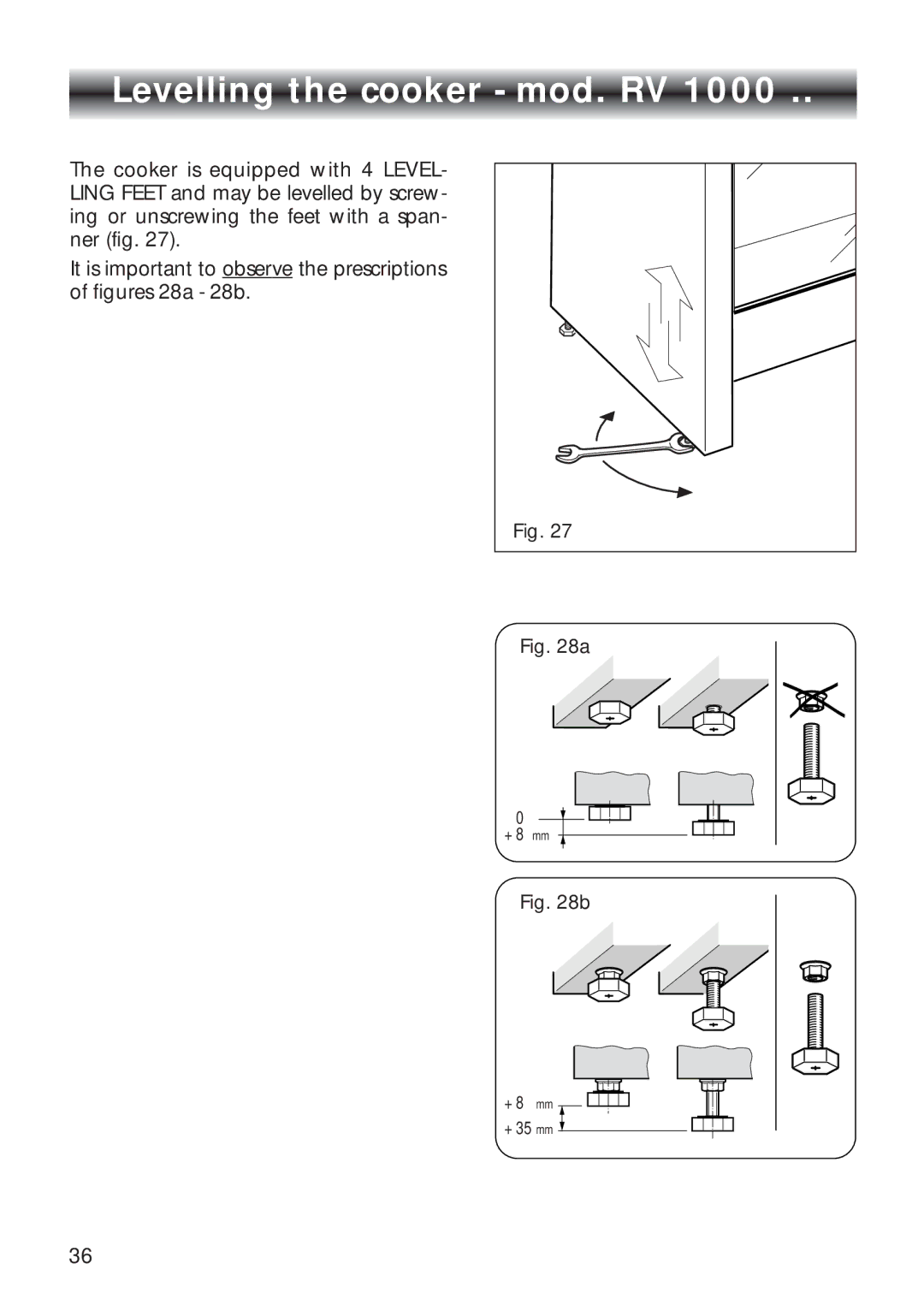 CDA RV 900, RV 1000 manual Levelling the cooker mod. RV 