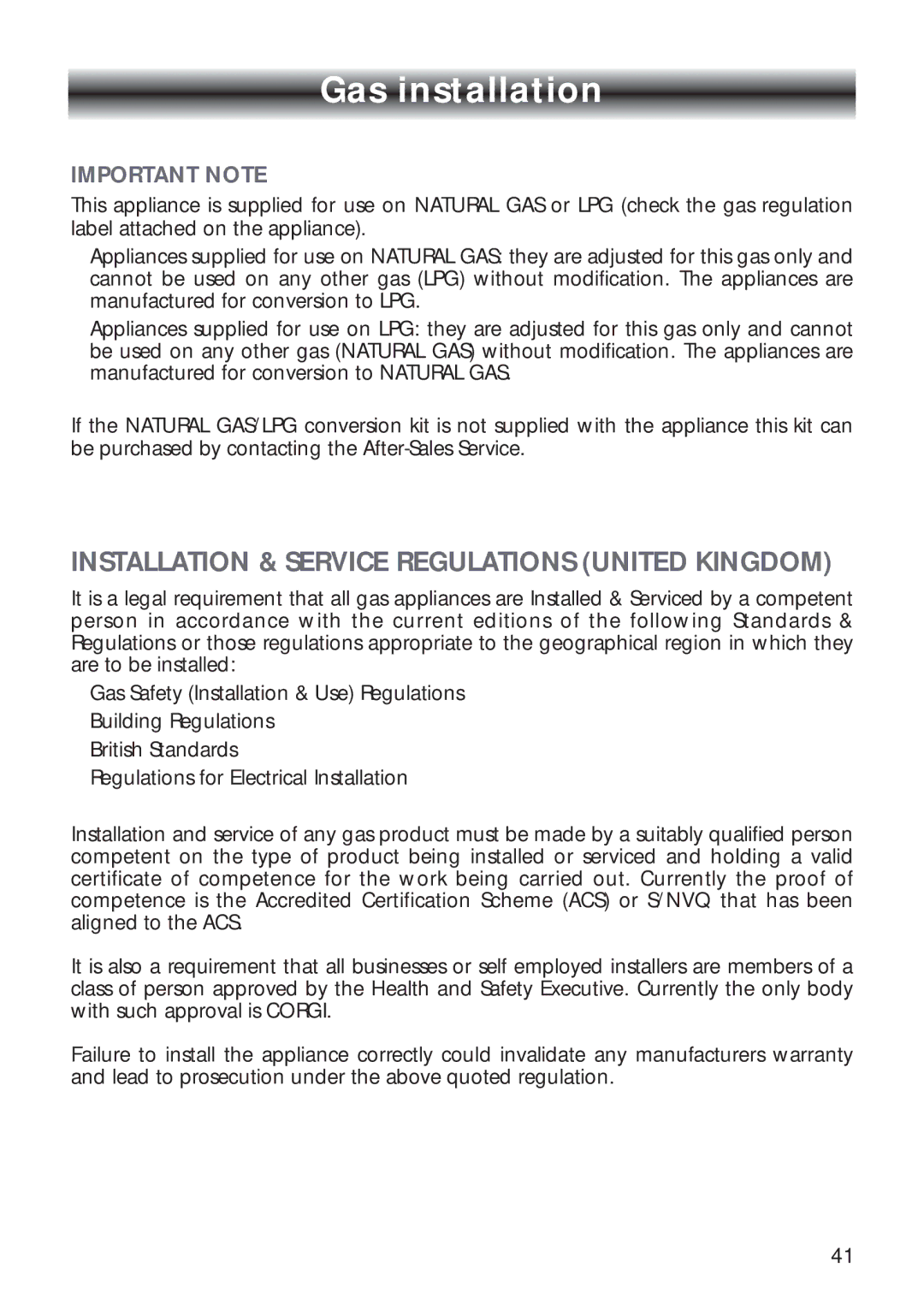 CDA RV 1000, RV 900 manual Gas installation, Important Note 