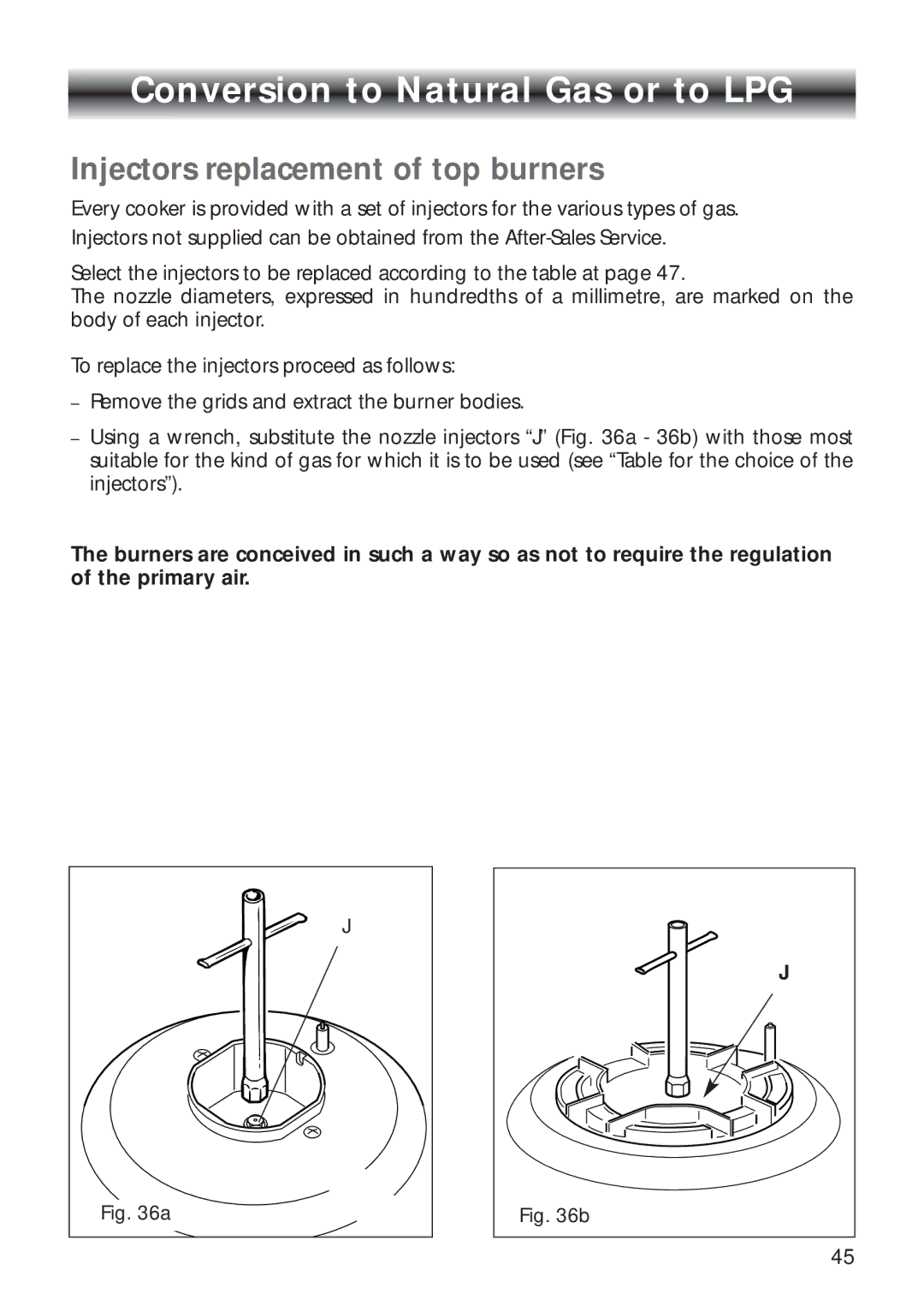 CDA RV 1000, RV 900 manual Conversion to Natural Gas or to LPG, Injectors replacement of top burners 