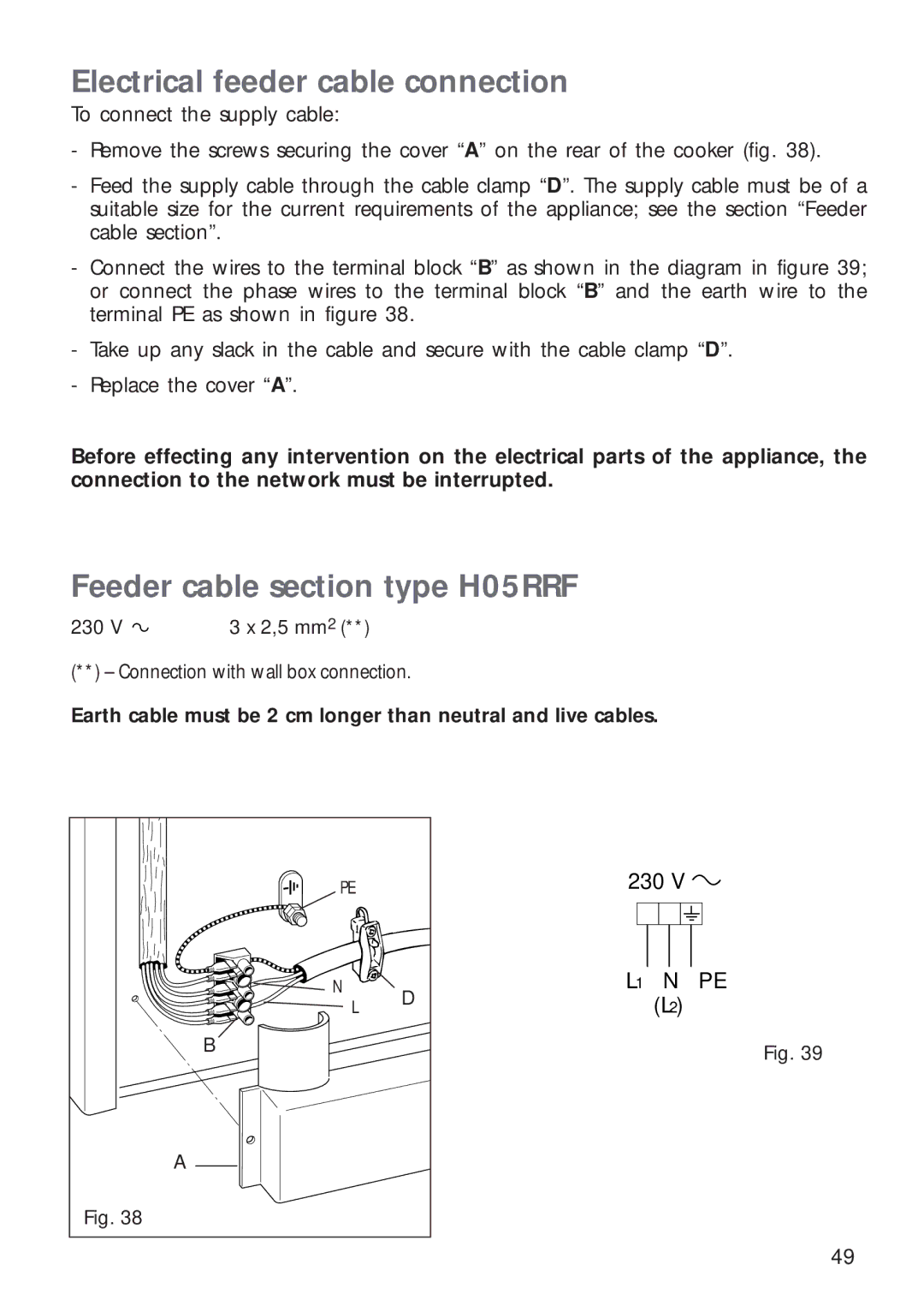 CDA RV 1000, RV 900 manual Electrical feeder cable connection, Feeder cable section type H05RRF 