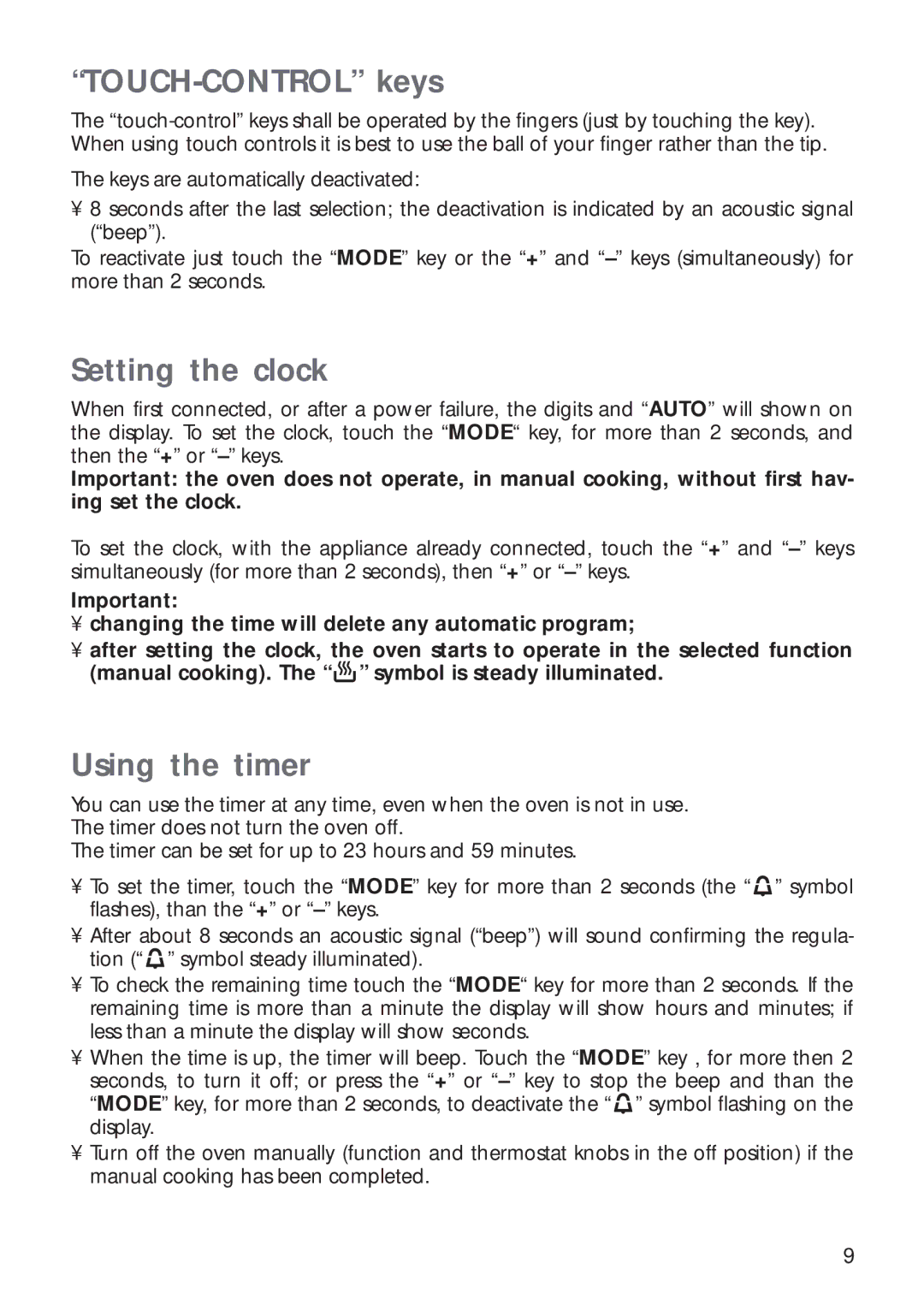 CDA RV 1000, RV 900 manual TOUCH-CONTROL keys, Setting the clock, Using the timer 