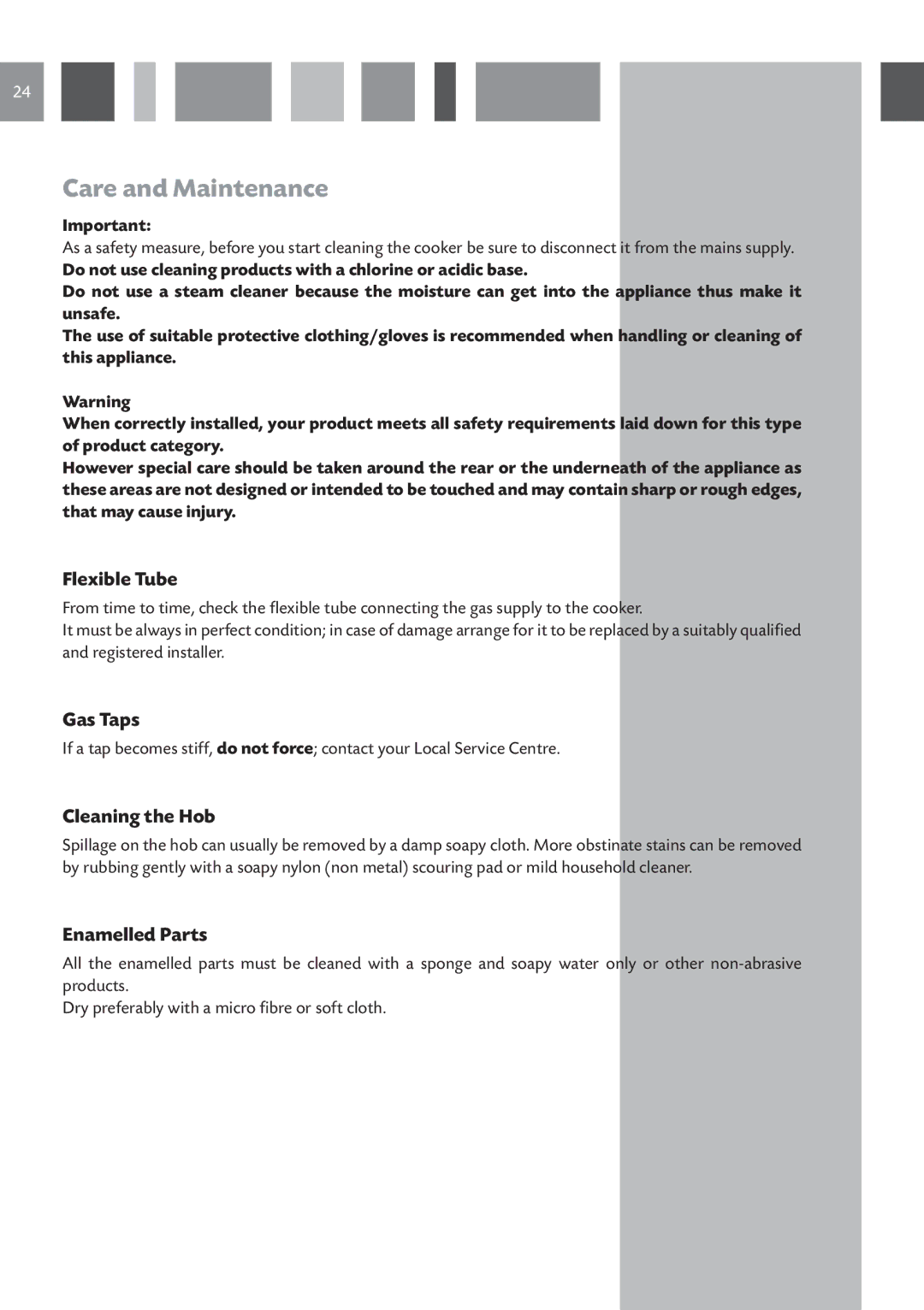 CDA RV 901, RV 1001 manual Care and Maintenance, Flexible Tube, Gas Taps, Cleaning the Hob, Enamelled Parts 