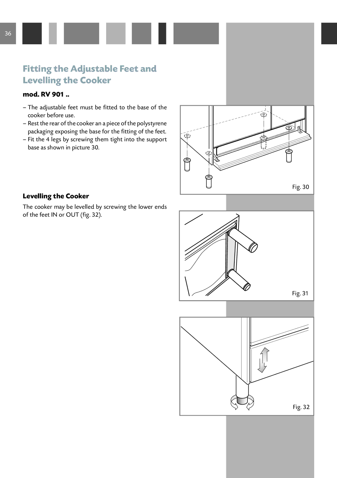 CDA RV 901, RV 1001 manual Fitting the Adjustable Feet and Levelling the Cooker, Mod. RV 