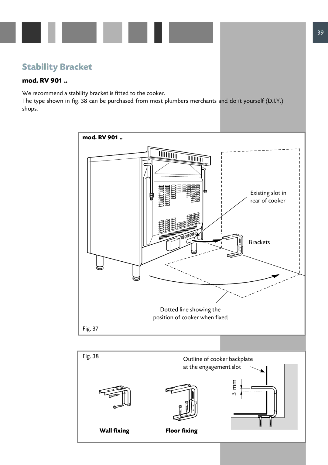 CDA RV 1001, RV 901 manual Stability Bracket, Mod. RV, Wall fixing Floor fixing 