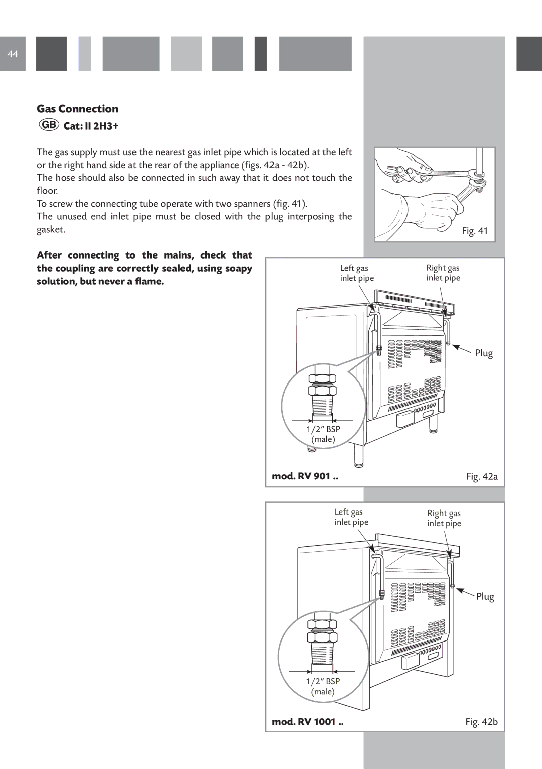 CDA RV 901, RV 1001 manual Gas Connection, Cat II 2H3+ 