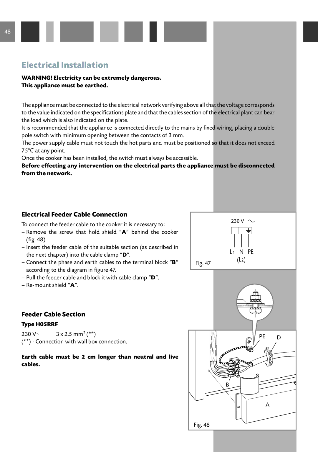 CDA RV 901, RV 1001 manual Electrical Installation, Electrical Feeder Cable Connection, Feeder Cable Section, Type H05RRF 