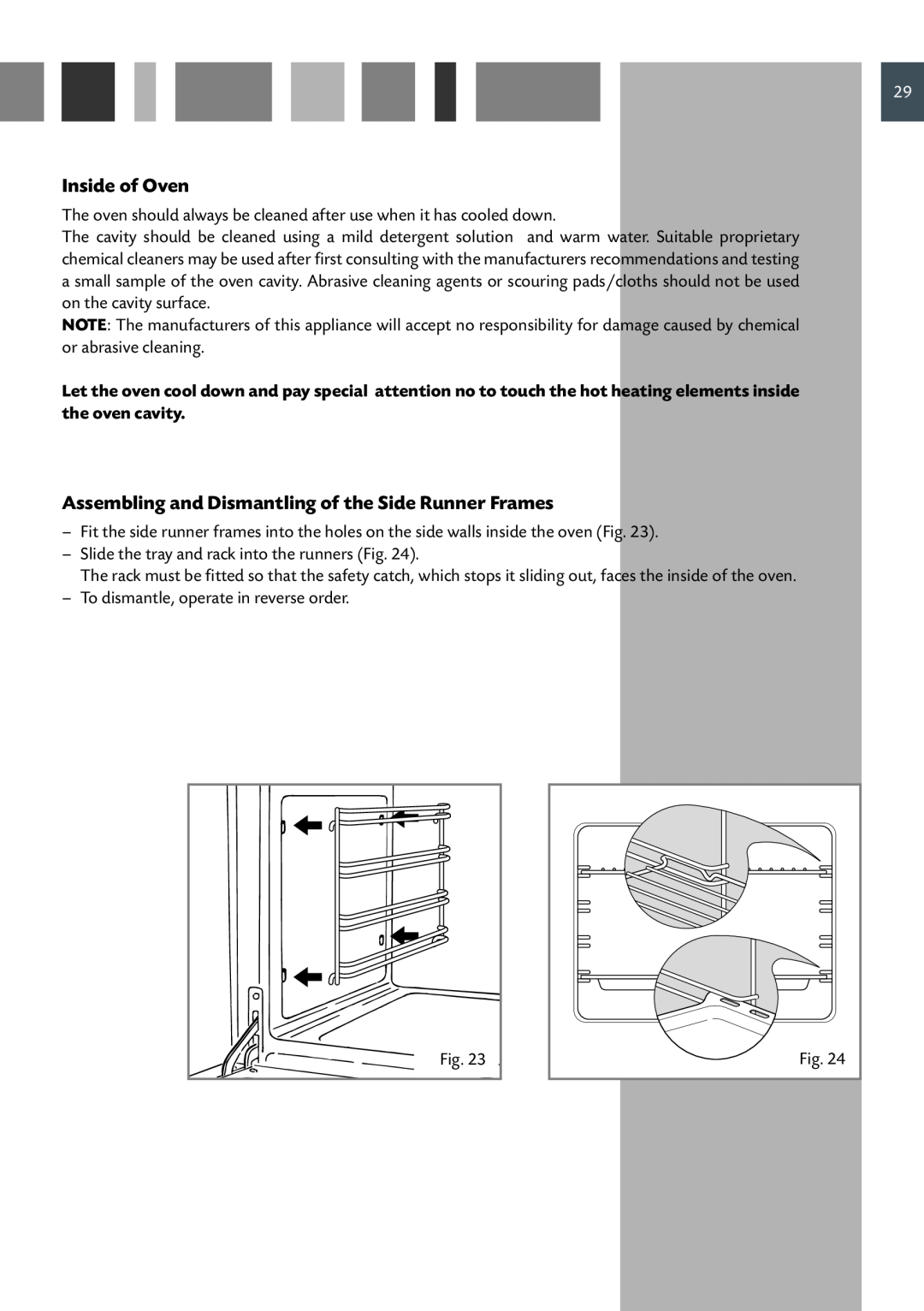 CDA RV 1001, RV 901 manual Inside of Oven, Assembling and Dismantling of the Side Runner Frames 