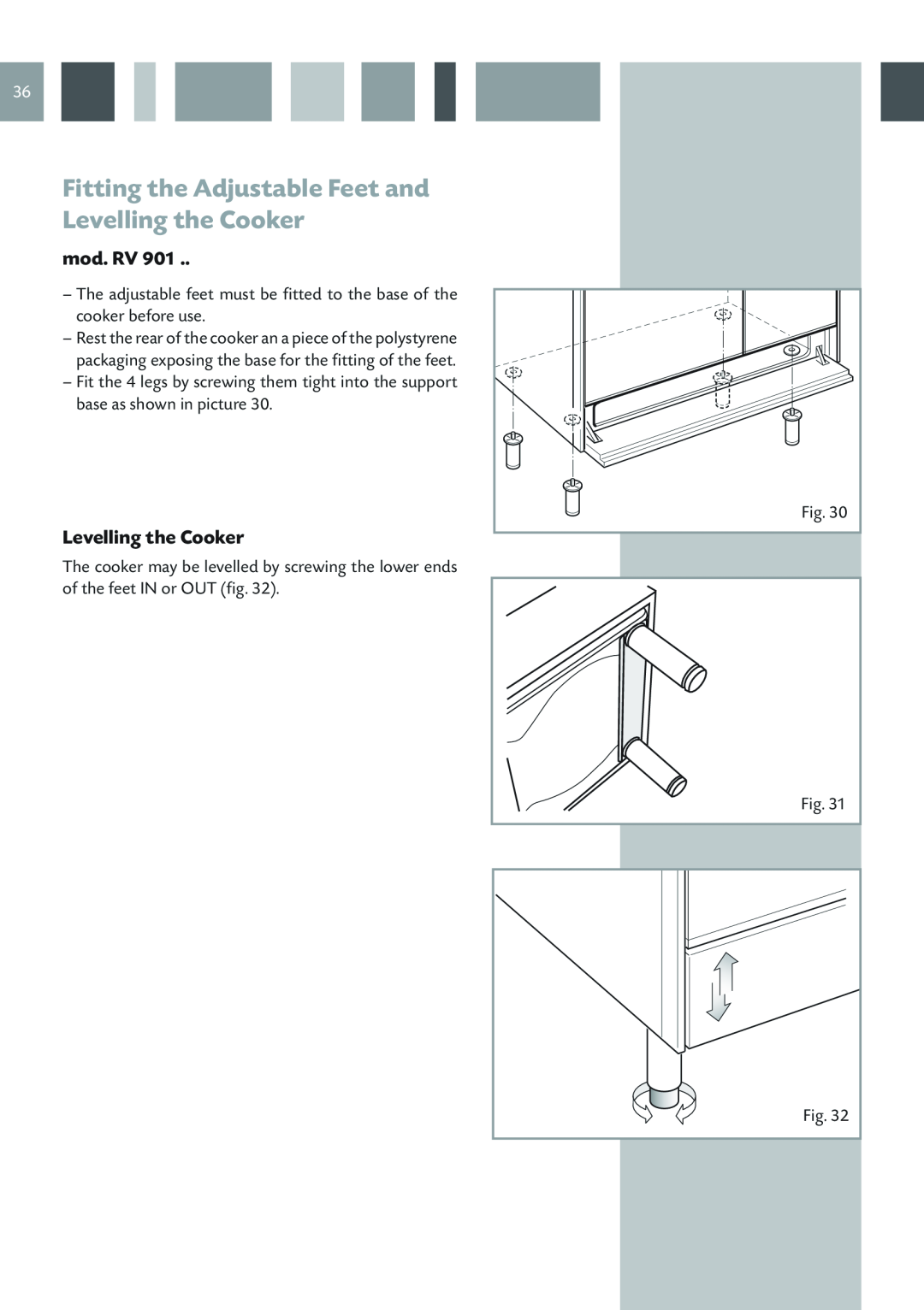 CDA RV 901, RV 1001 manual Fitting the Adjustable Feet and Levelling the Cooker, mod. RV 