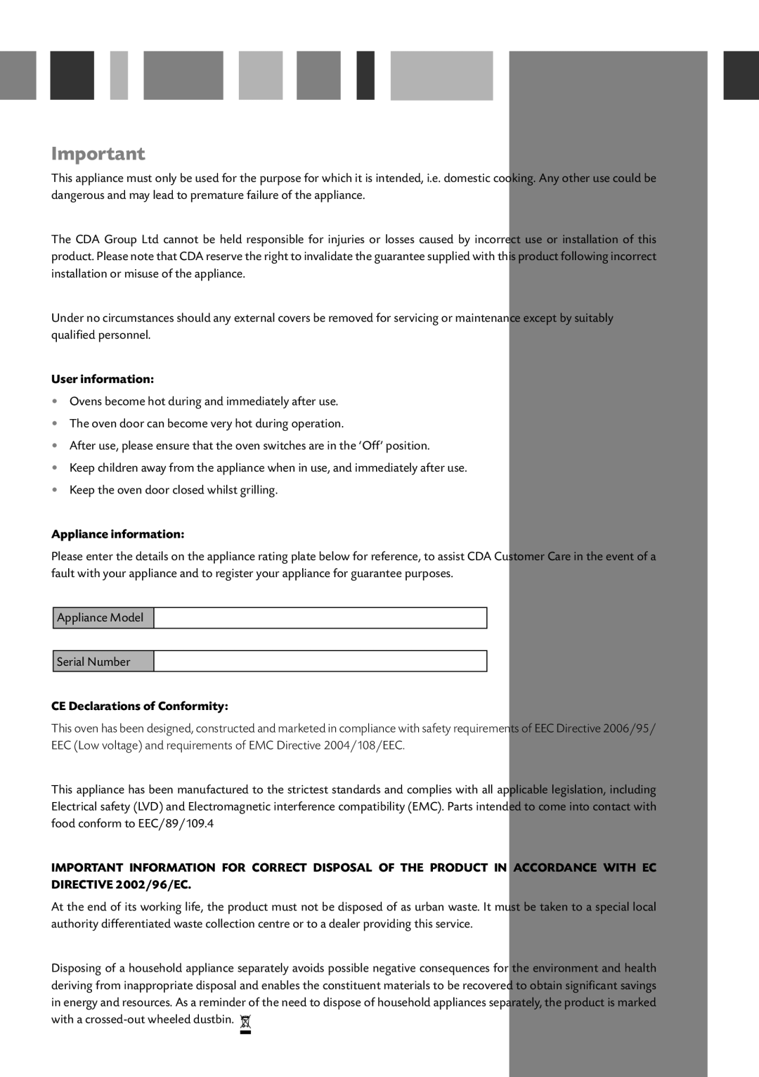 CDA SA116 manual User information, Appliance information, CE Declarations of Conformity 