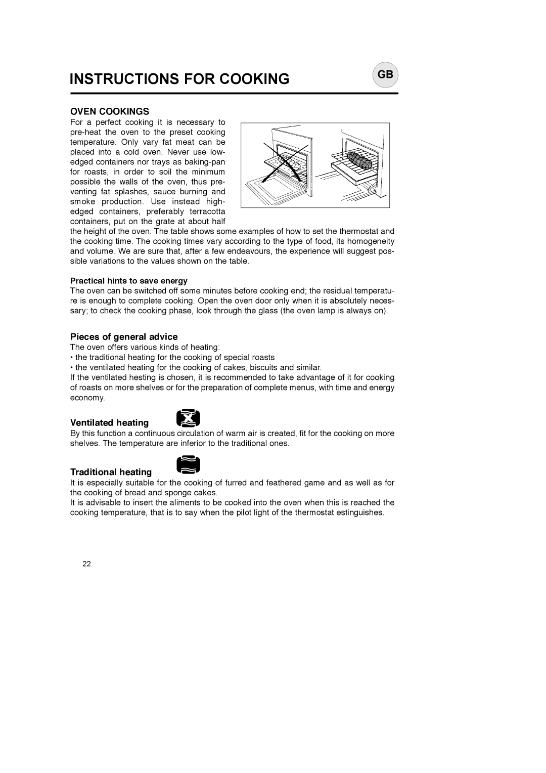 CDA SC145 manual Instructions for Cooking, Oven Cookings 