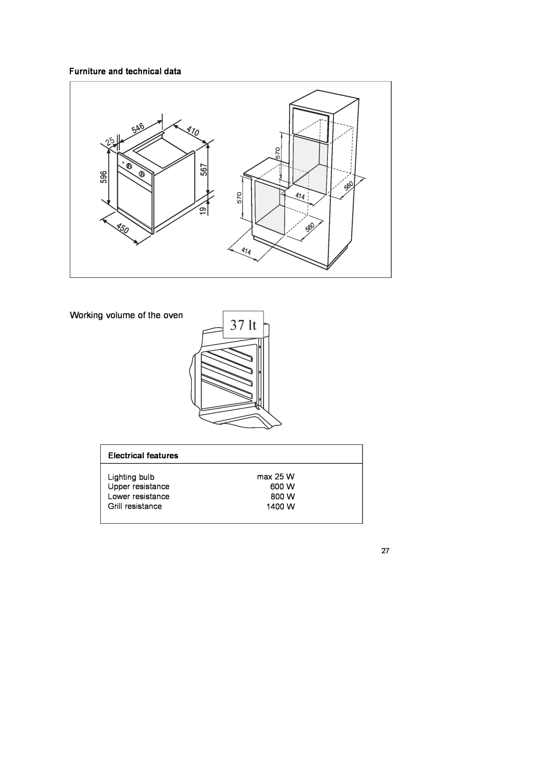 CDA SC145 manual Furniture and technical data, 37 lt 