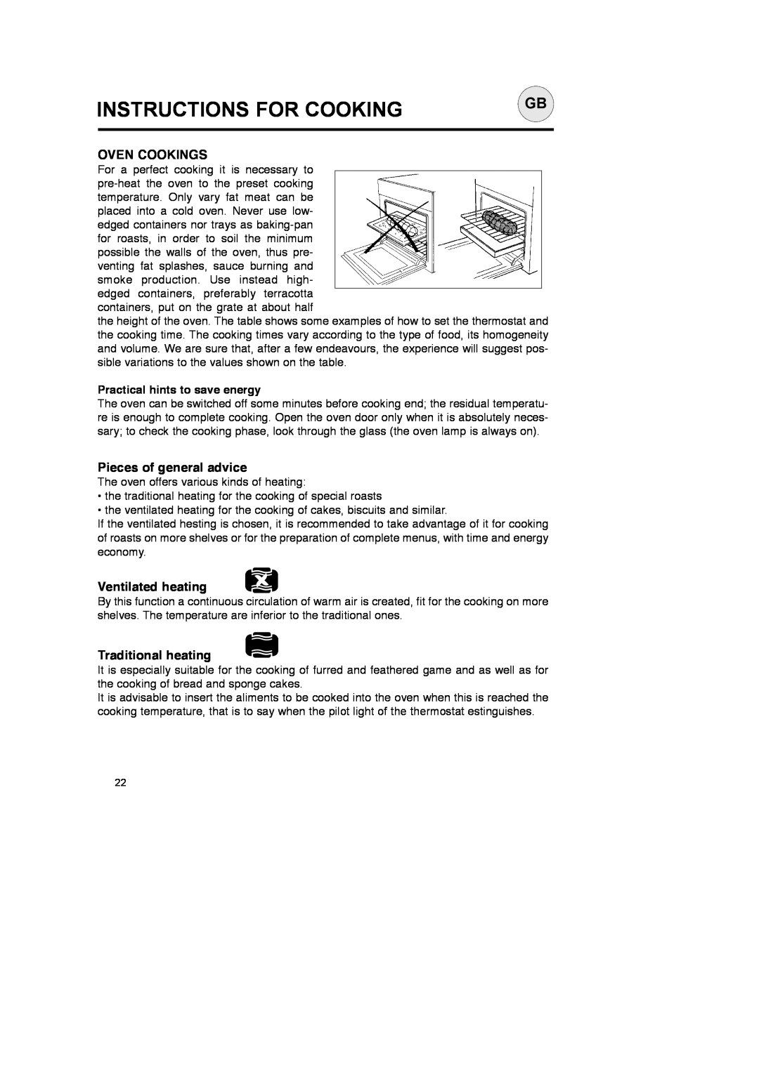 CDA SC145 manual Instructions For Cooking, Oven Cookings, Pieces of general advice, Ventilated heating, Traditional heating 