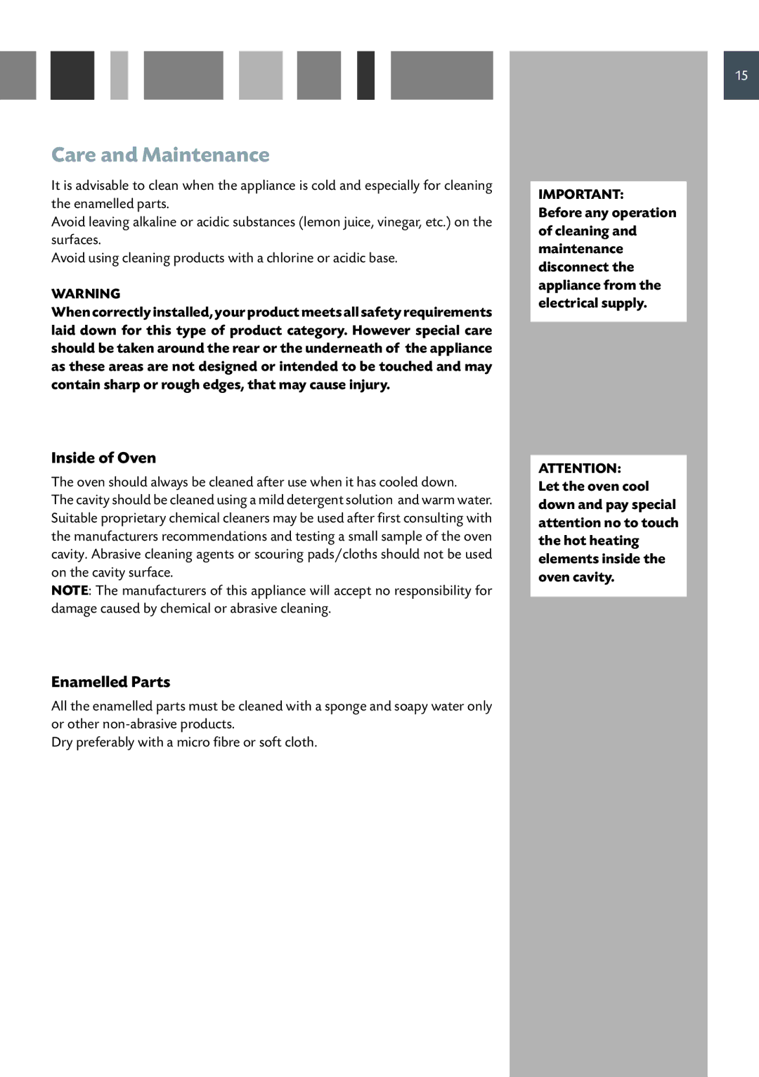 CDA SC220L, SC220R manual Care and Maintenance, Inside of Oven, Enamelled Parts 