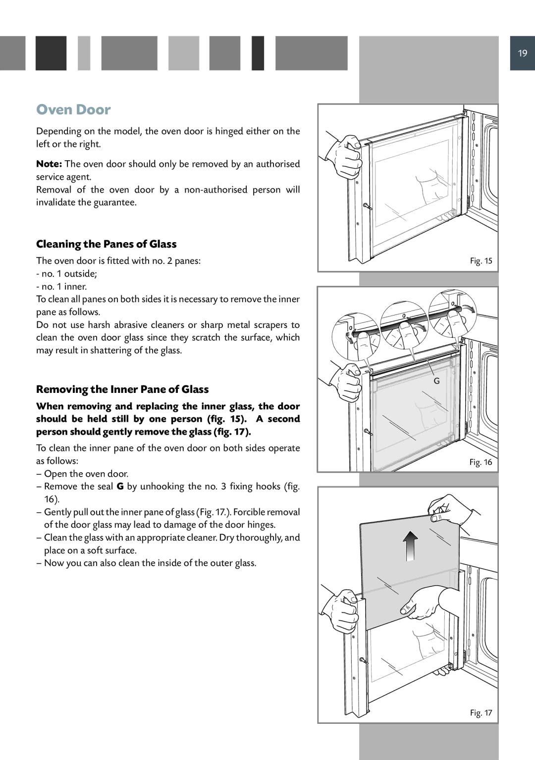CDA SC220L, SC220R manual Oven Door, Cleaning the Panes of Glass, Removing the Inner Pane of Glass 