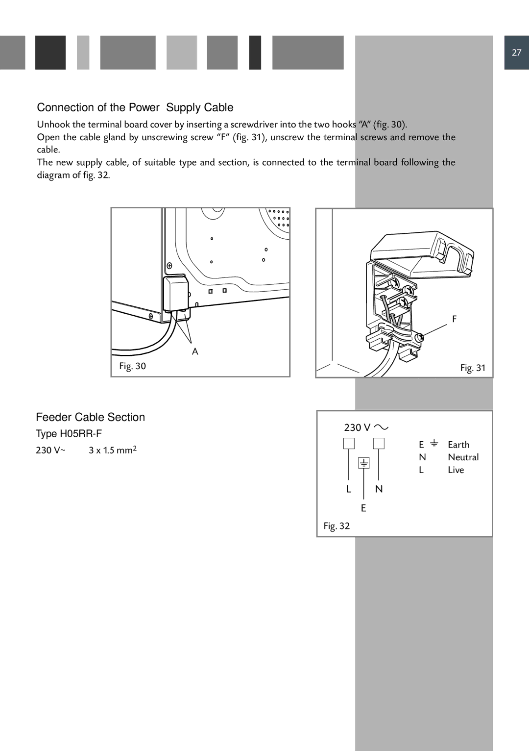 CDA SC220L, SC220R manual Connection of the Power Supply Cable, Feeder Cable Section, Type H05RR-F 