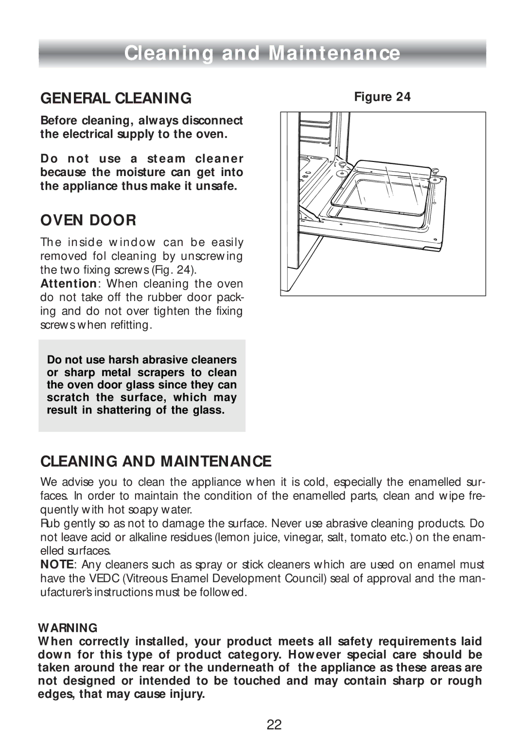 CDA SC309 manual Cleaning and Maintenance, General Cleaning, Oven Door 