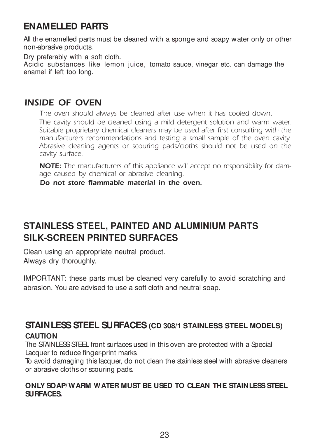 CDA SC309 manual Enamelled Parts, Inside of Oven 