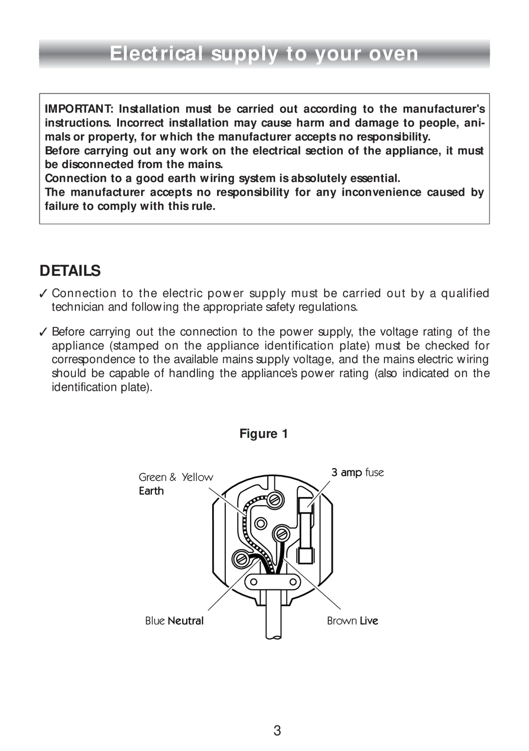 CDA SC309 manual Electrical supply to your oven, Details 