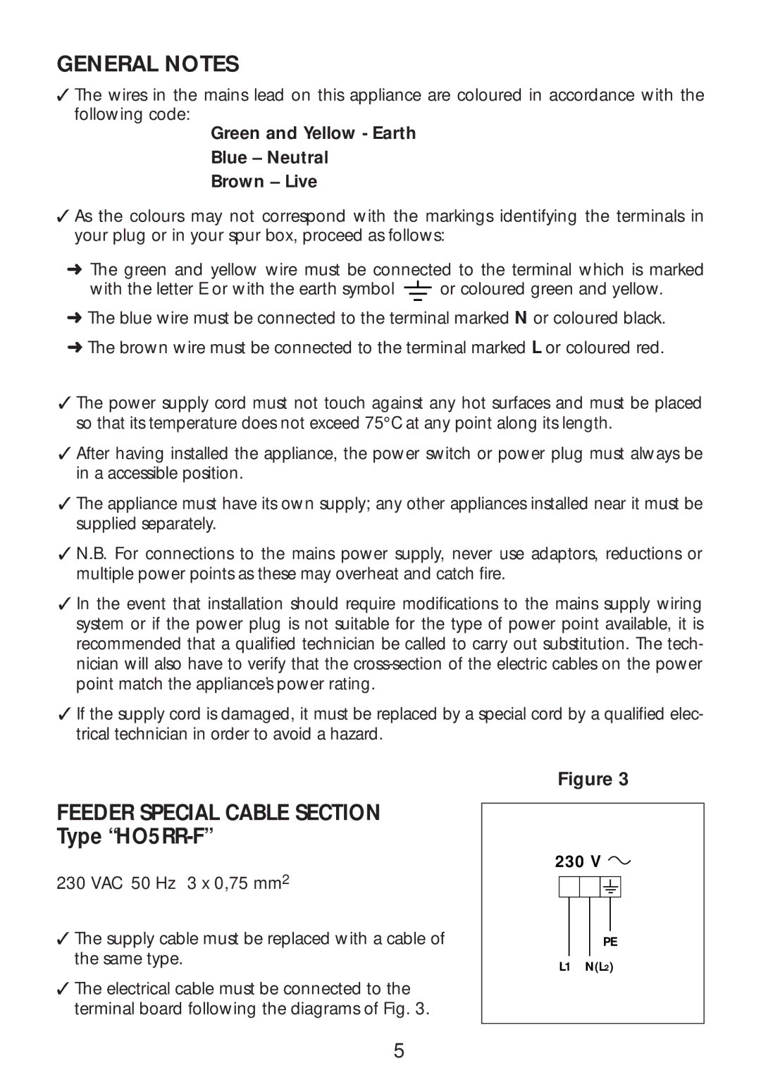 CDA SC309 manual General Notes, Feeder Special Cable Section Type HO5RR-F 