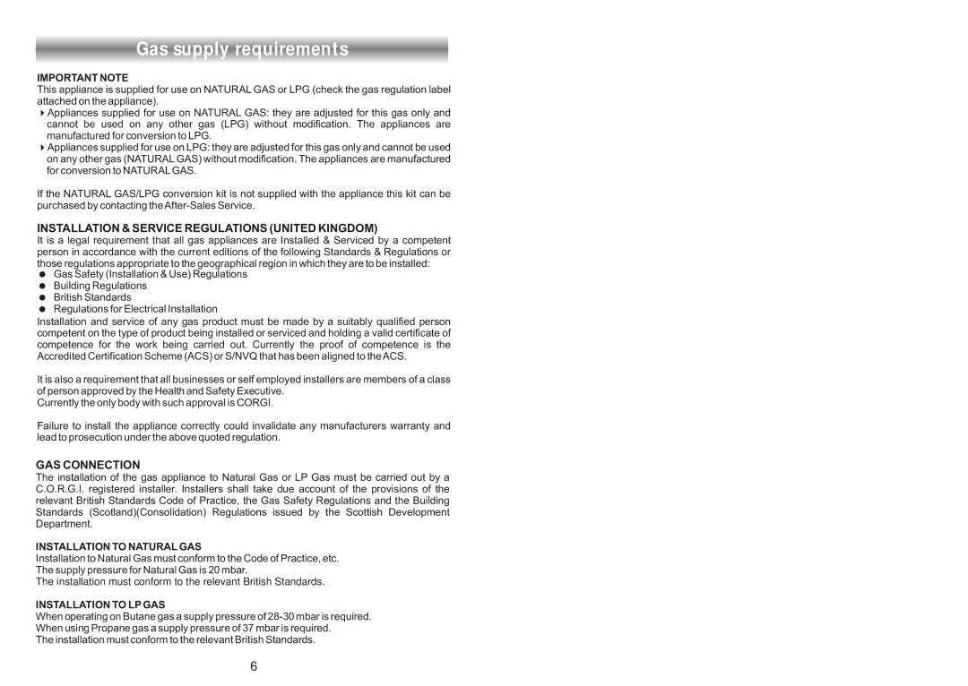 CDA SC309 manual Gas supply requirements, Important Note 