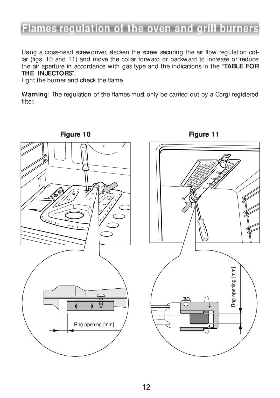 CDA SC309 manual Flames regulation of the oven and grill burners 
