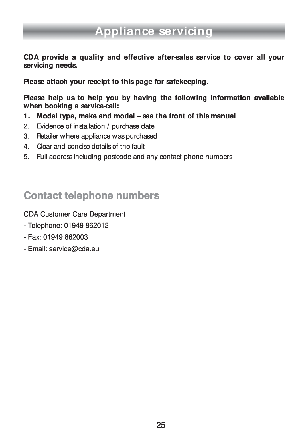 CDA SC309 manual Appliance servicing, Contact telephone numbers 