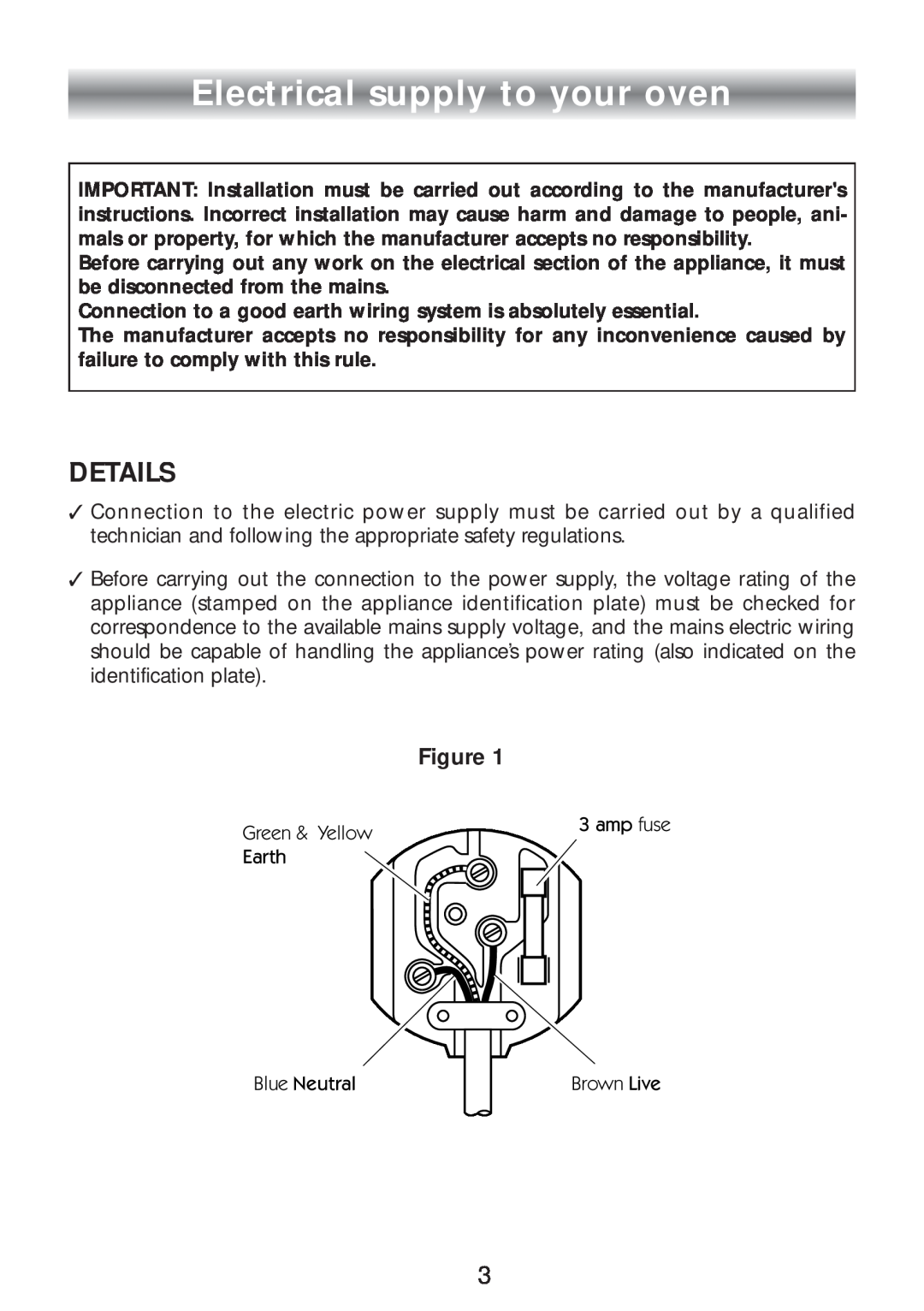 CDA SC309 manual Electrical supply to your oven, Details 