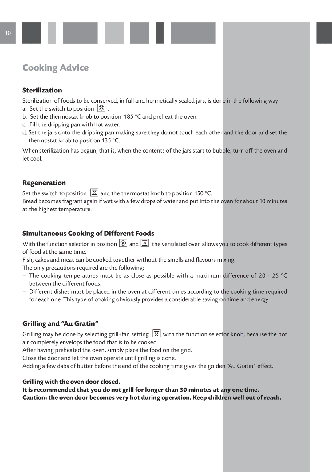 CDA SV 150R Cooking Advice, Sterilization, Regeneration, Simultaneous Cooking of Different Foods, Grilling and Au Gratin 