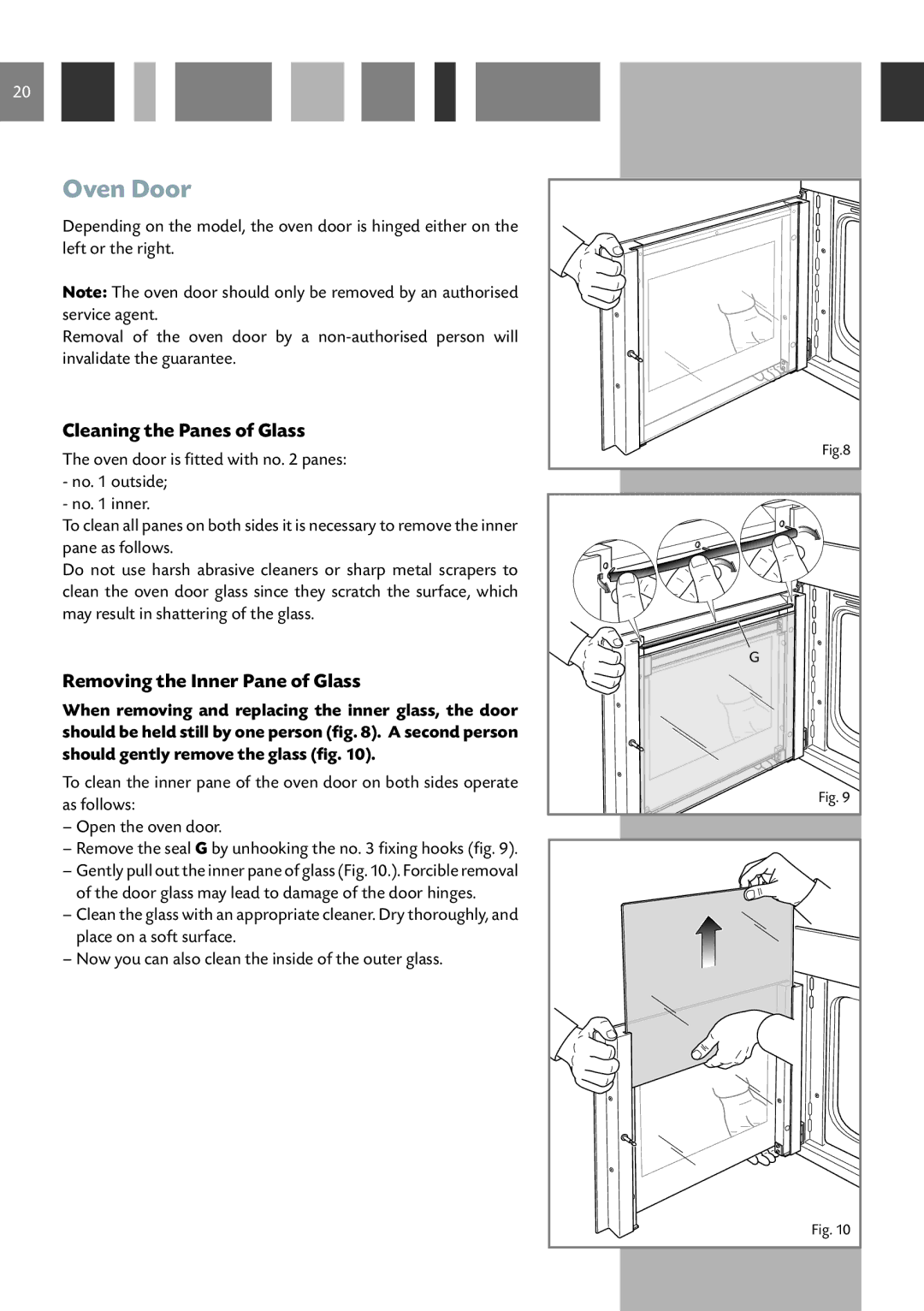 CDA SV 150R, SV 150L manual Oven Door, Cleaning the Panes of Glass, Removing the Inner Pane of Glass 