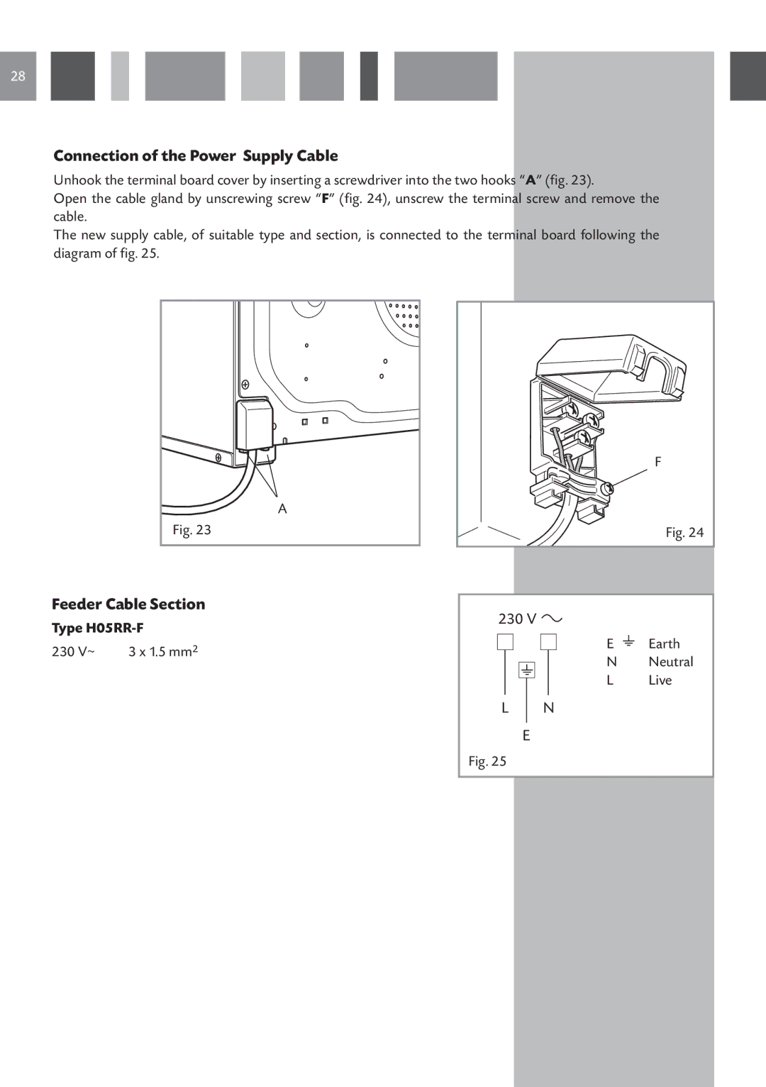 CDA SV 150R, SV 150L manual Connection of the Power Supply Cable, Feeder Cable Section, Type H05RR-F 