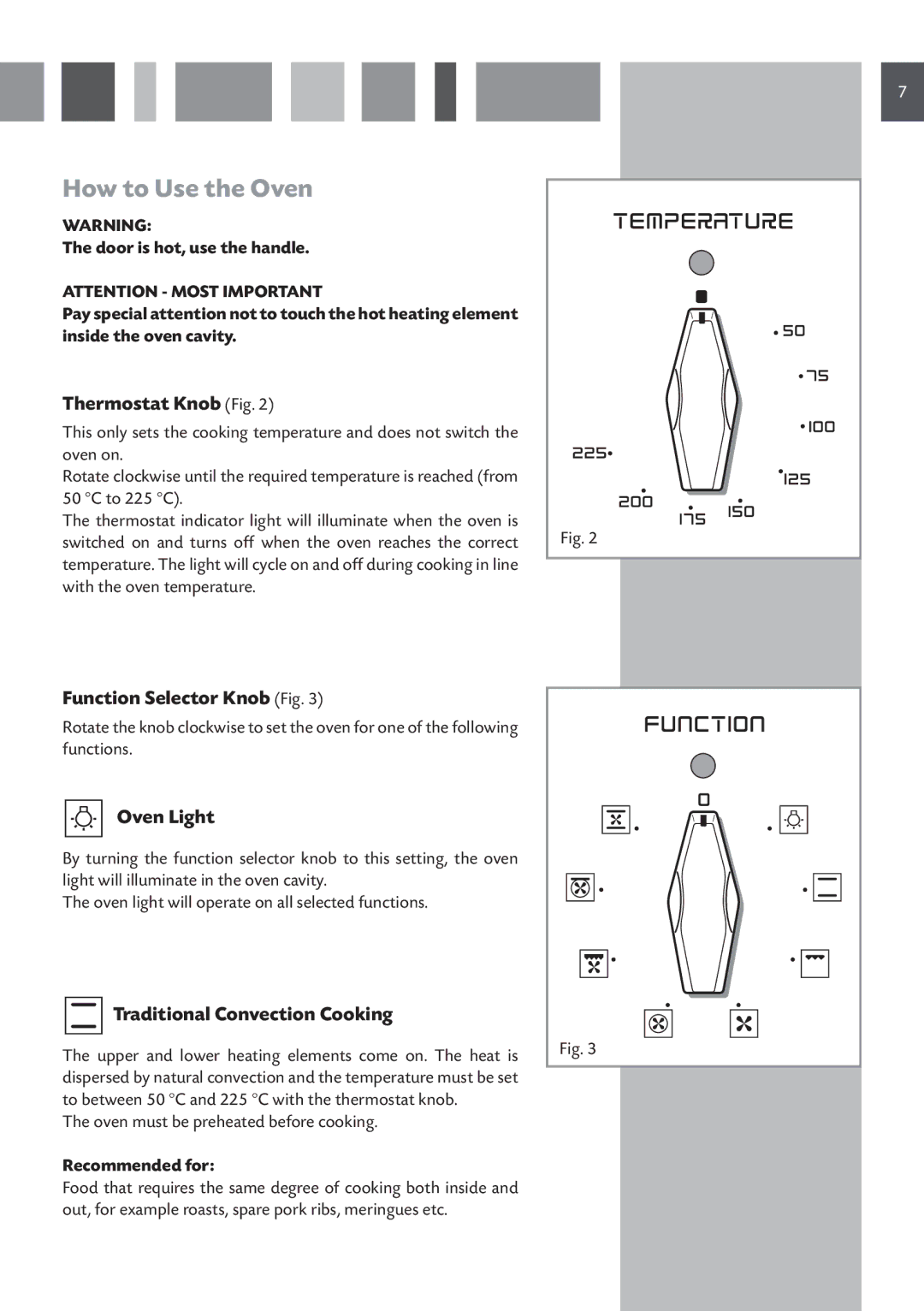 CDA SV 150L, SV 150R manual How to Use the Oven, Thermostat Knob Fig, Function Selector Knob Fig, Oven Light 