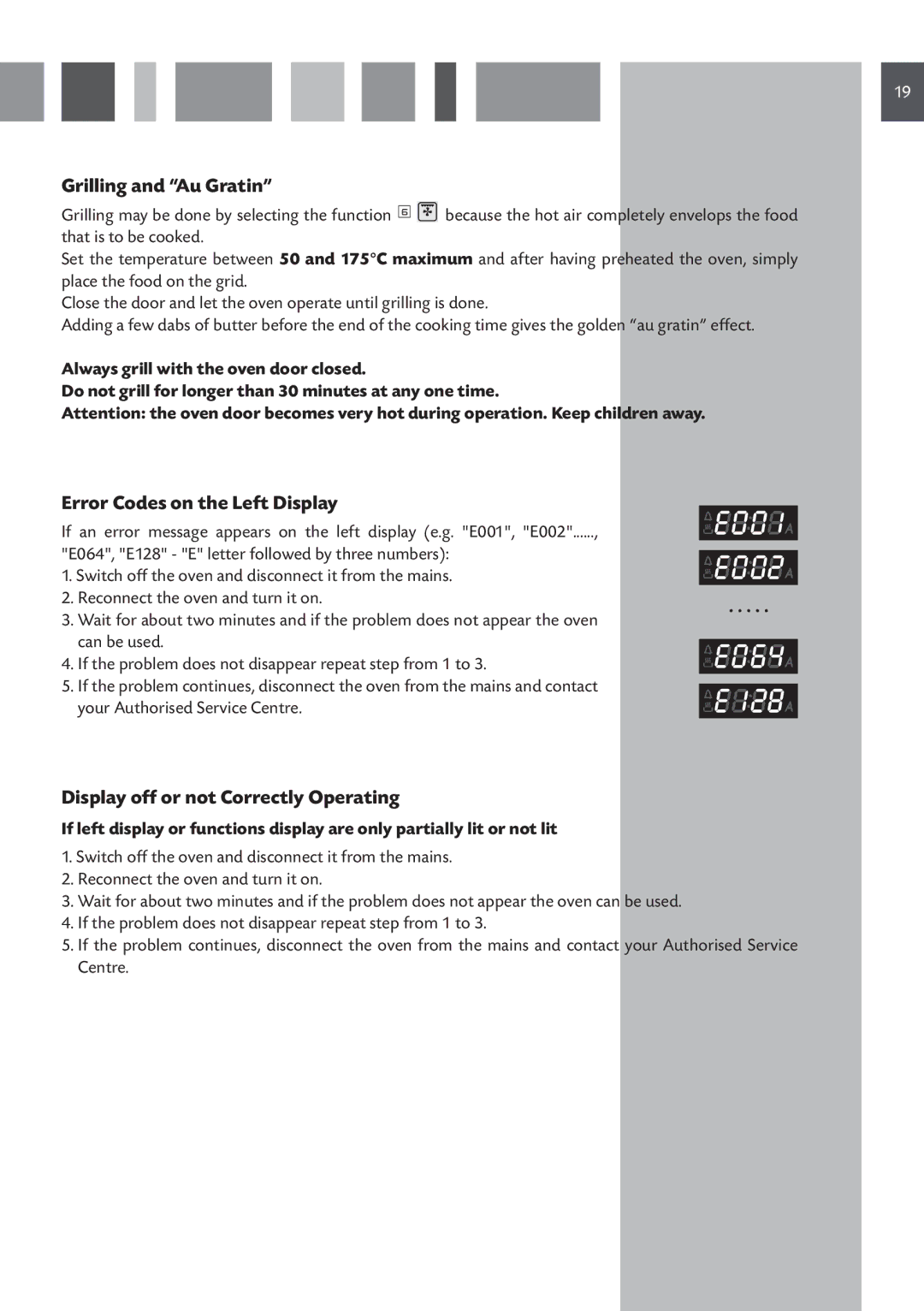 CDA SV 210 manual Grilling and Au Gratin, Error Codes on the Left Display, Display off or not Correctly Operating 