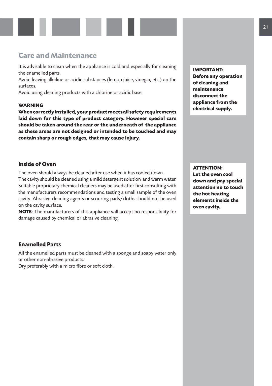 CDA SV 210 manual Care and Maintenance, Inside of Oven, Enamelled Parts 