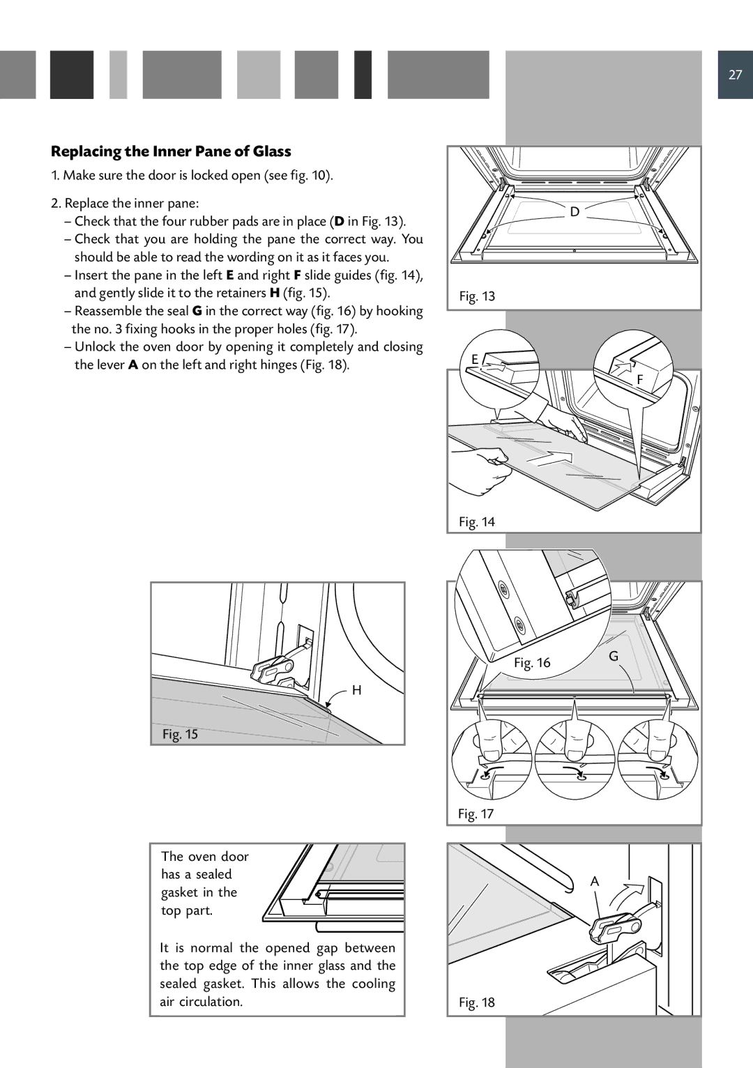 CDA SV 210 manual Replacing the Inner Pane of Glass, Check that the four rubber pads are in place D in Fig 