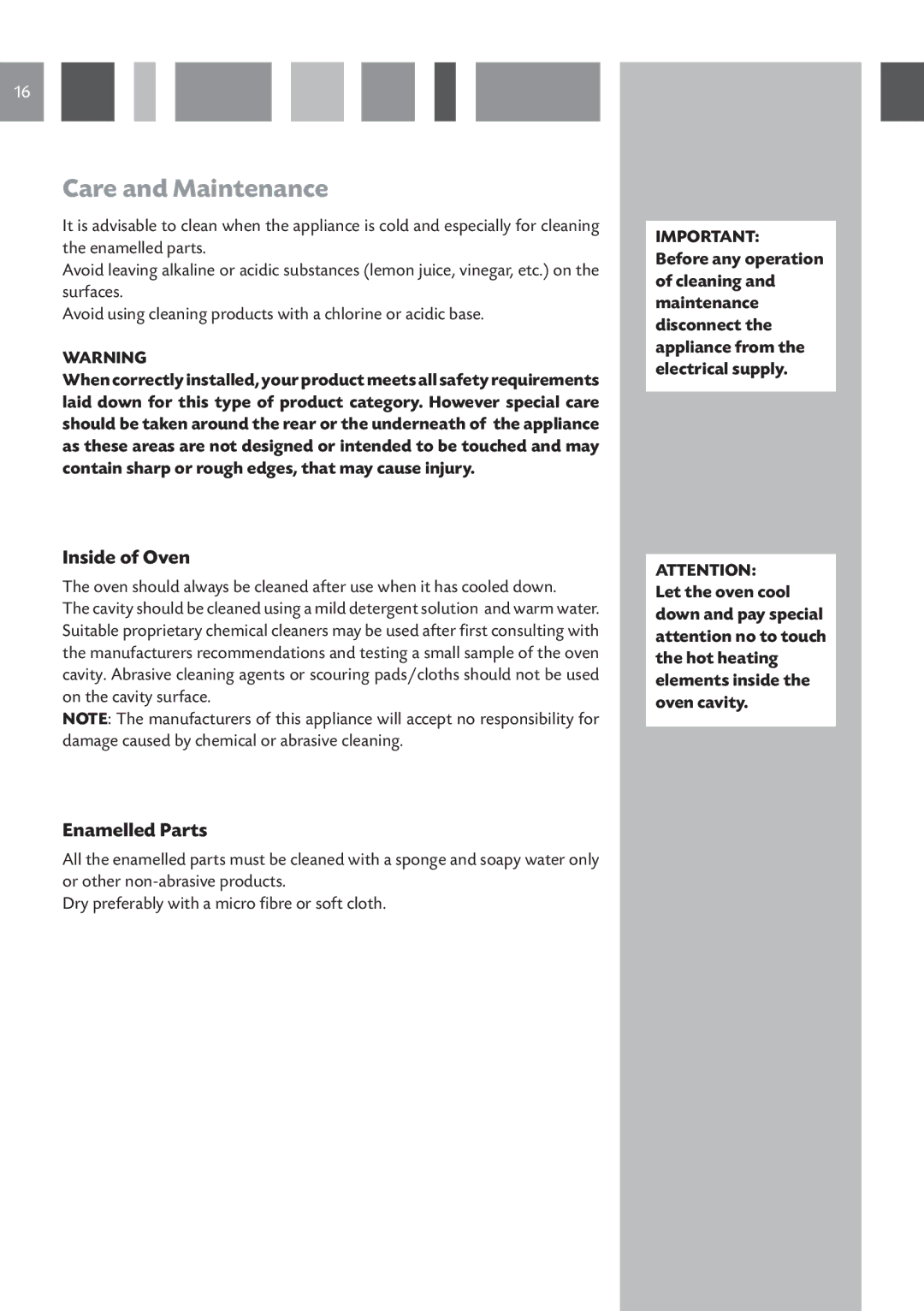 CDA SV 980 manual Care and Maintenance, Inside of Oven, Enamelled Parts 