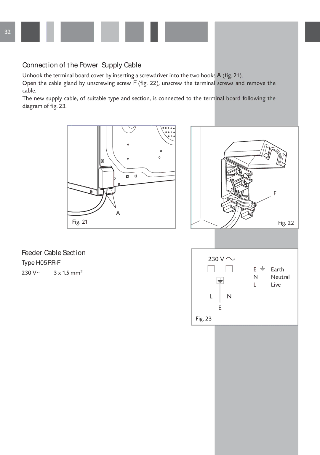 CDA SV 980 manual Connection of the Power Supply Cable, Feeder Cable Section 