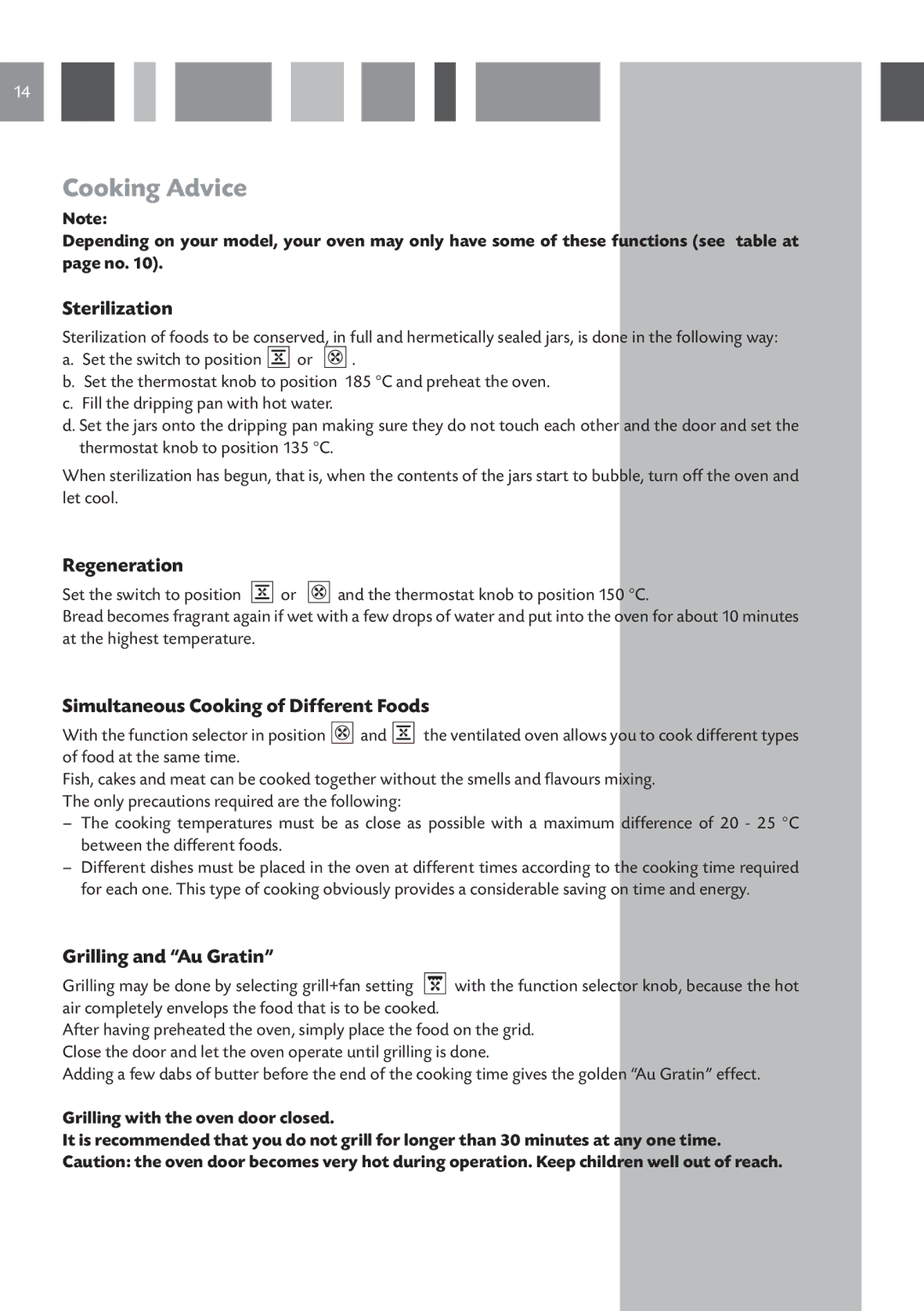 CDA SV150 Cooking Advice, Sterilization, Regeneration, Simultaneous Cooking of Different Foods, Grilling and Au Gratin 