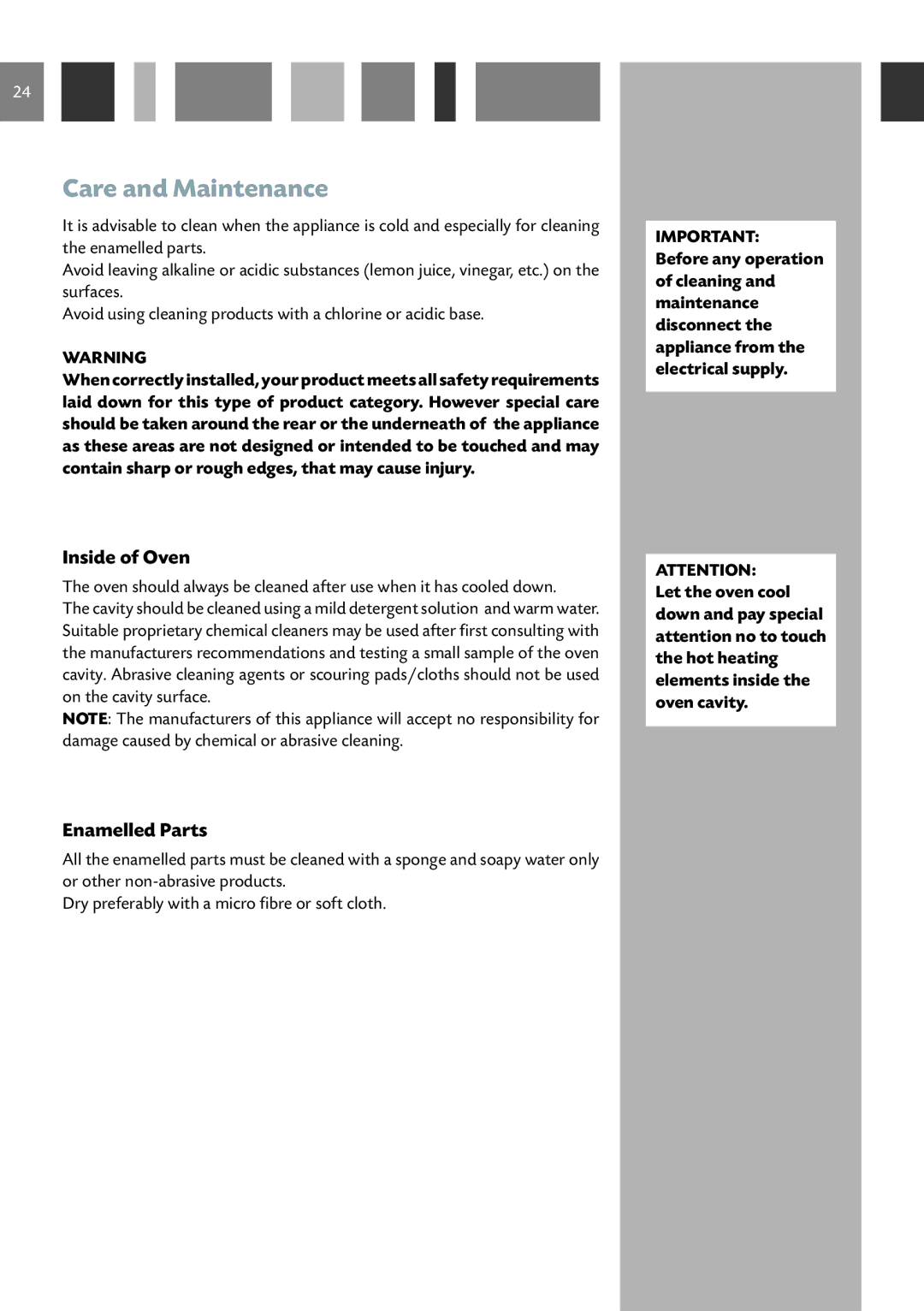 CDA SC220, SV150, SV100, SC610, SC210, 6Q5, SC510 manual Care and Maintenance, Inside of Oven, Enamelled Parts 