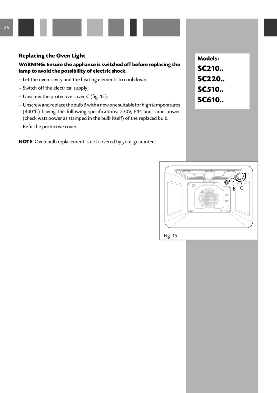 CDA 6Q5, SV150, SV100 manual SC210 SC220 SC510 SC610, Replacing the Oven Light 