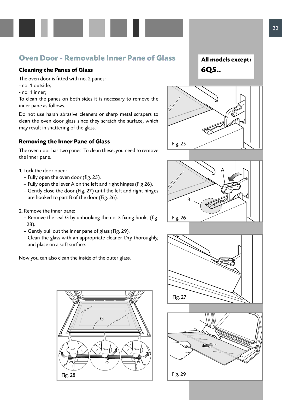 CDA 6Q5, SV150, SV100, SC610, SC220 Oven Door Removable Inner Pane of Glass, All models except Cleaning the Panes of Glass 