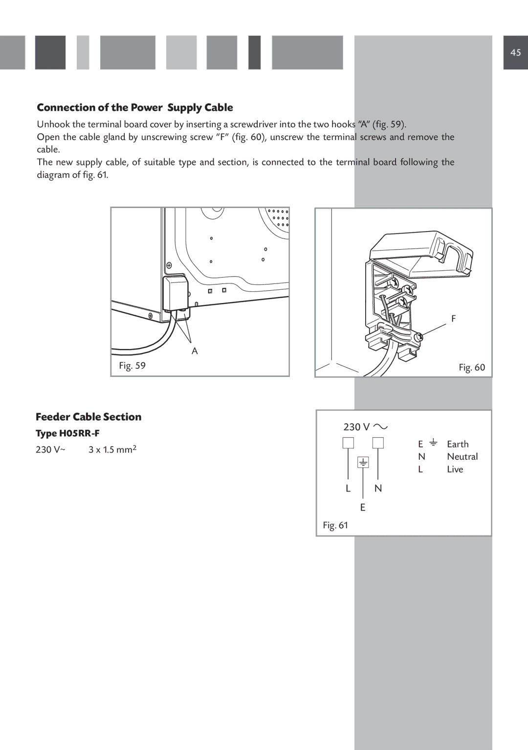 CDA SC220, SV150, SV100, SC610, SC210, 6Q5, SC510 manual Connection of the Power Supply Cable, Feeder Cable Section, Type H05RR-F 