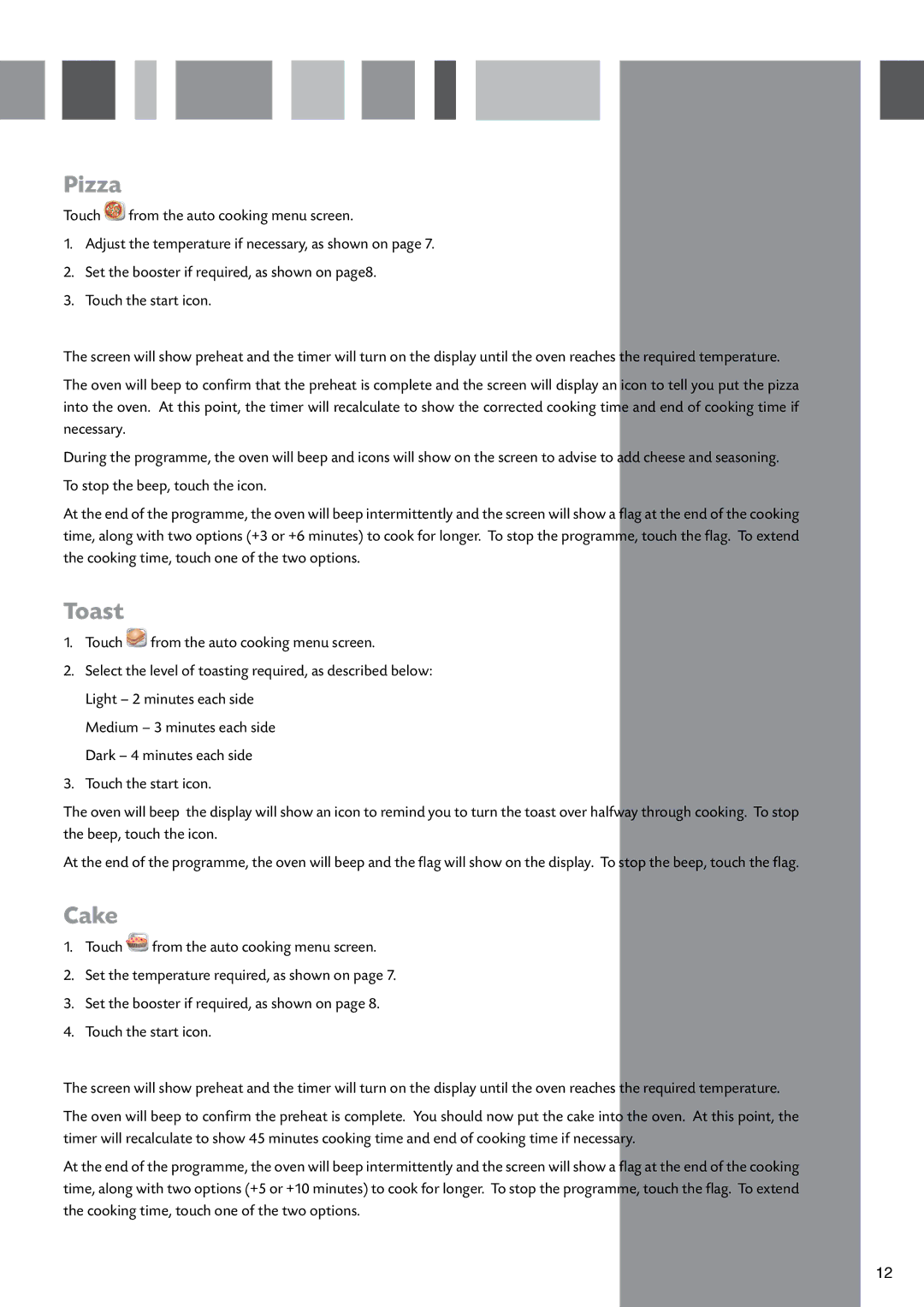 CDA SV310SS manual Pizza, Toast, Cake 