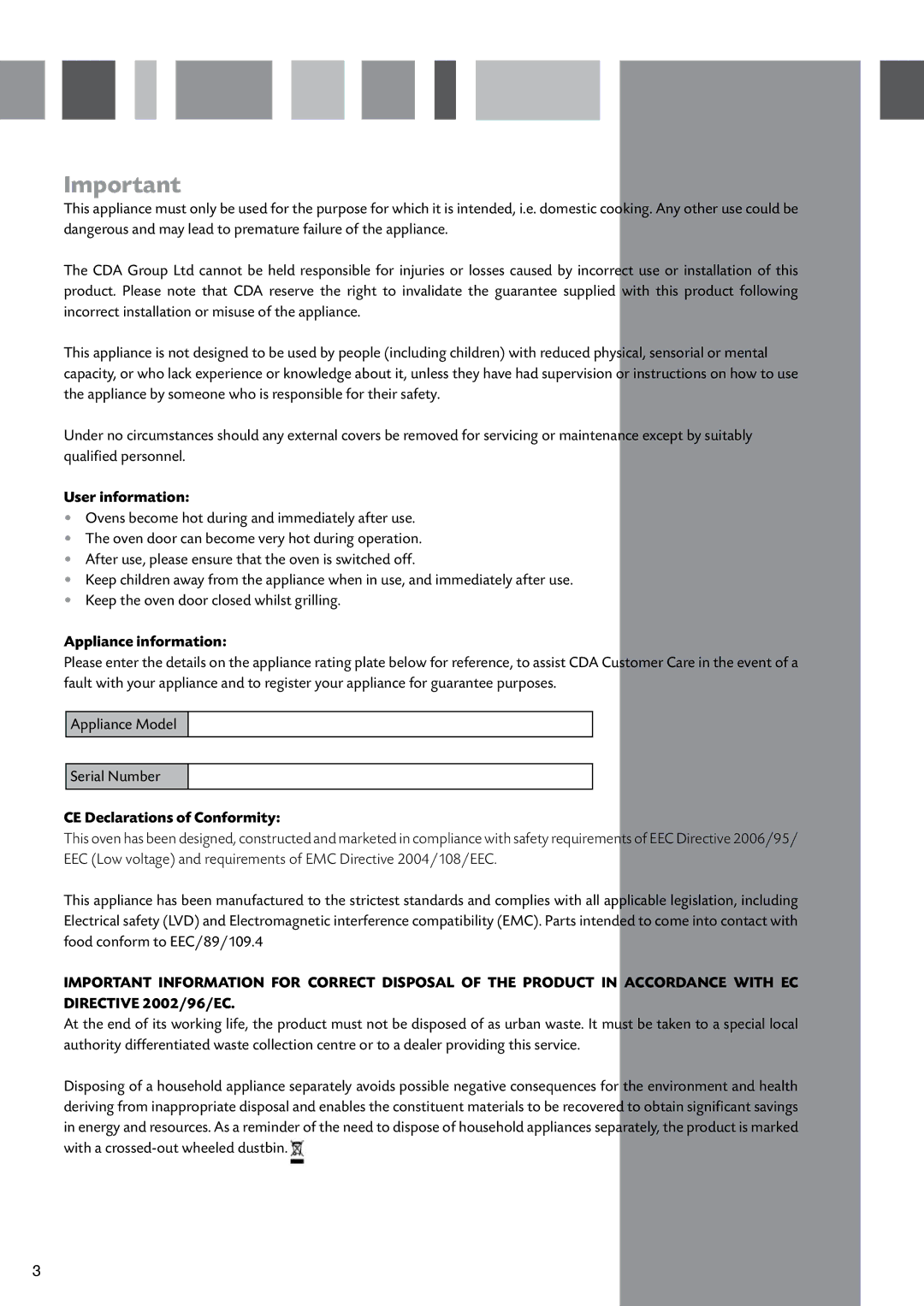 CDA SV310SS manual User information, Appliance information, CE Declarations of Conformity 