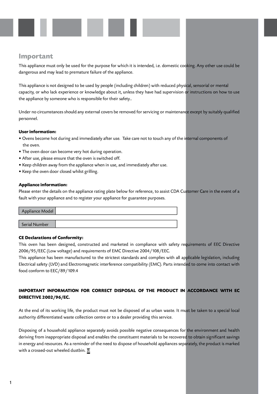 CDA SV430 manual User information, Appliance information, CE Declarations of Conformity 