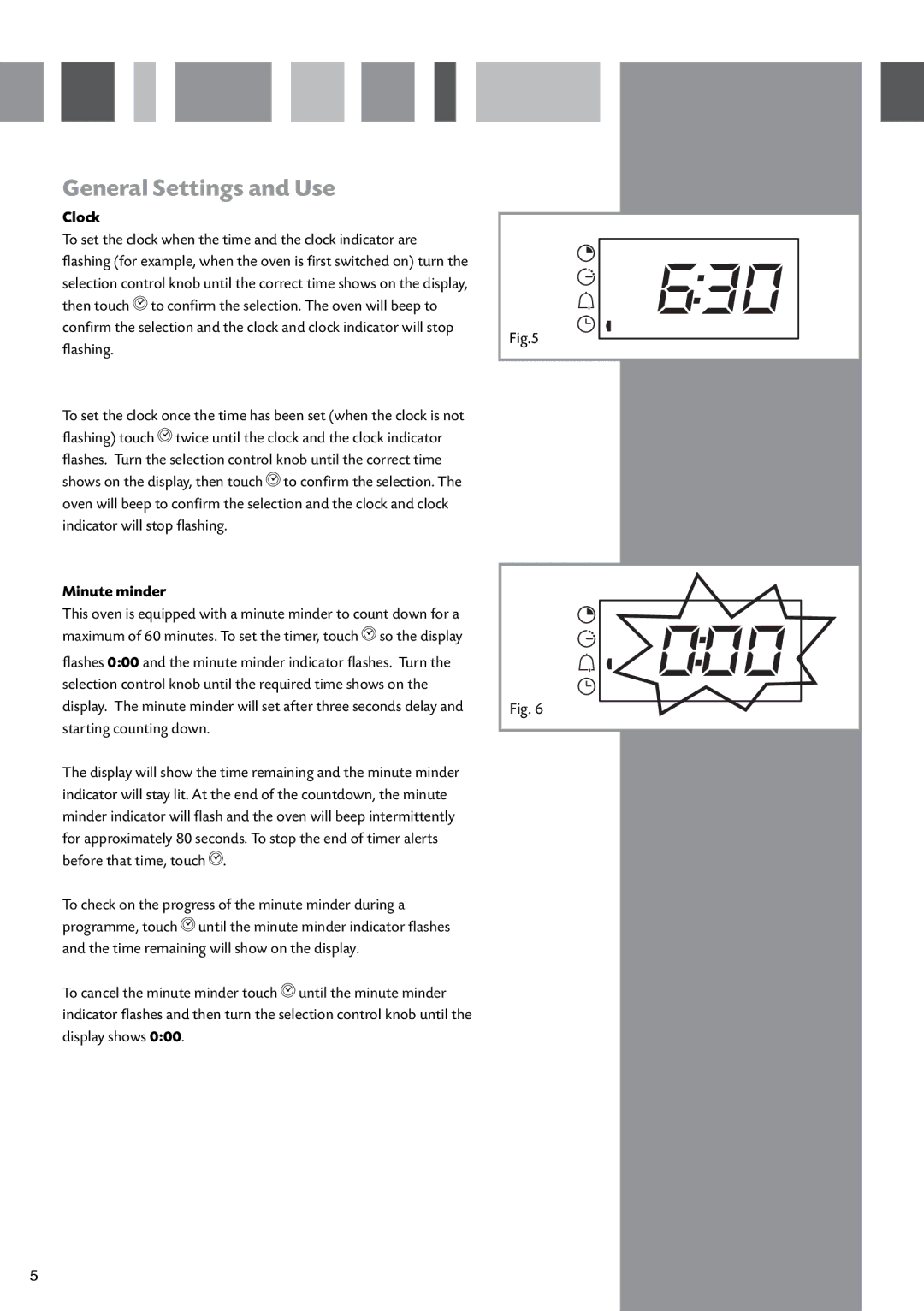 CDA SV430 manual General Settings and Use, Clock, Minute minder 