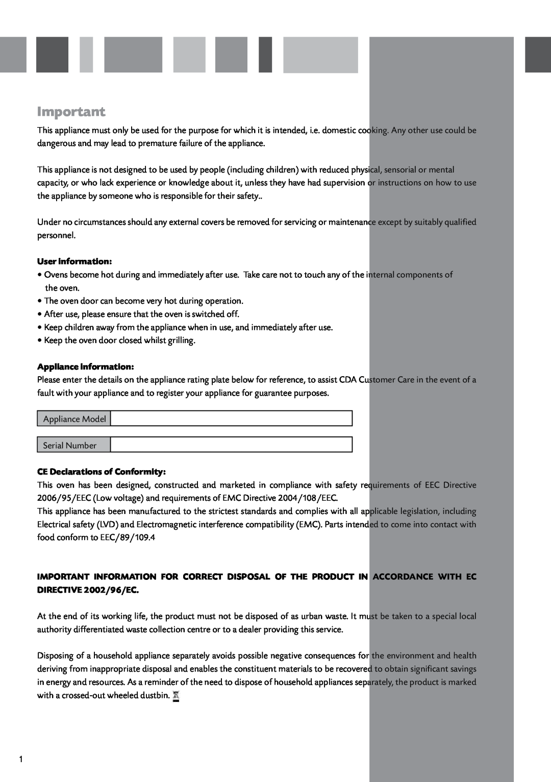 CDA SV430 manual User information, Appliance information, CE Declarations of Conformity 