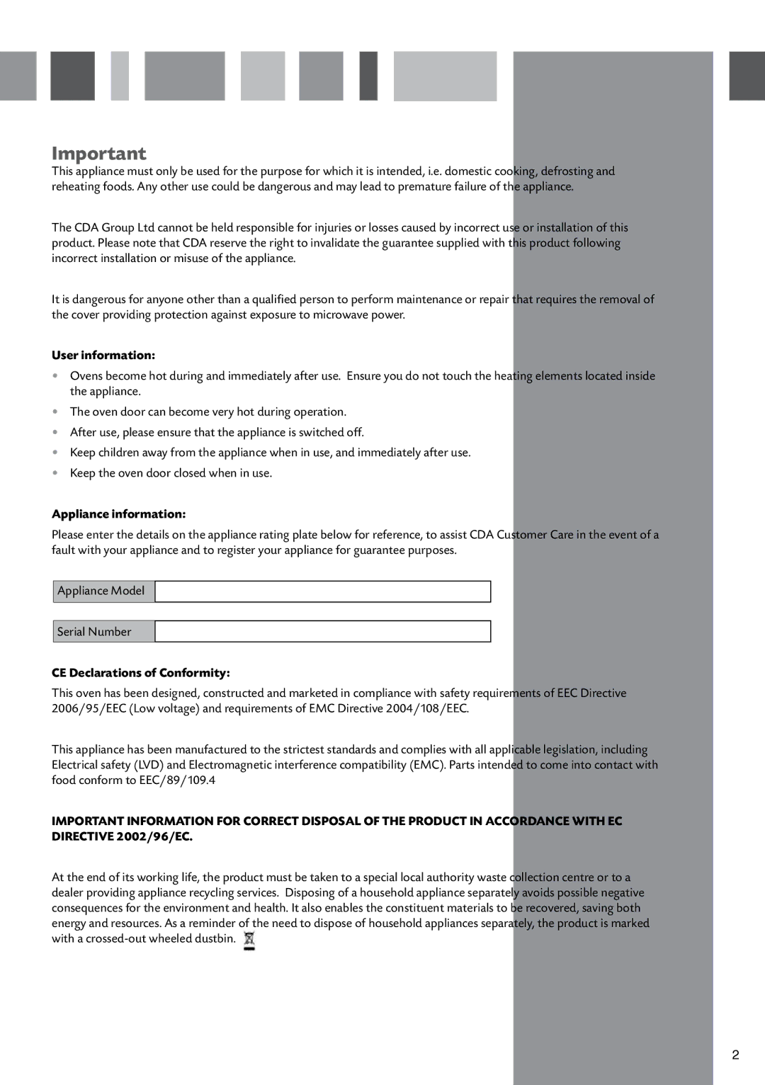 CDA SV451 manual User information, Appliance information, CE Declarations of Conformity 